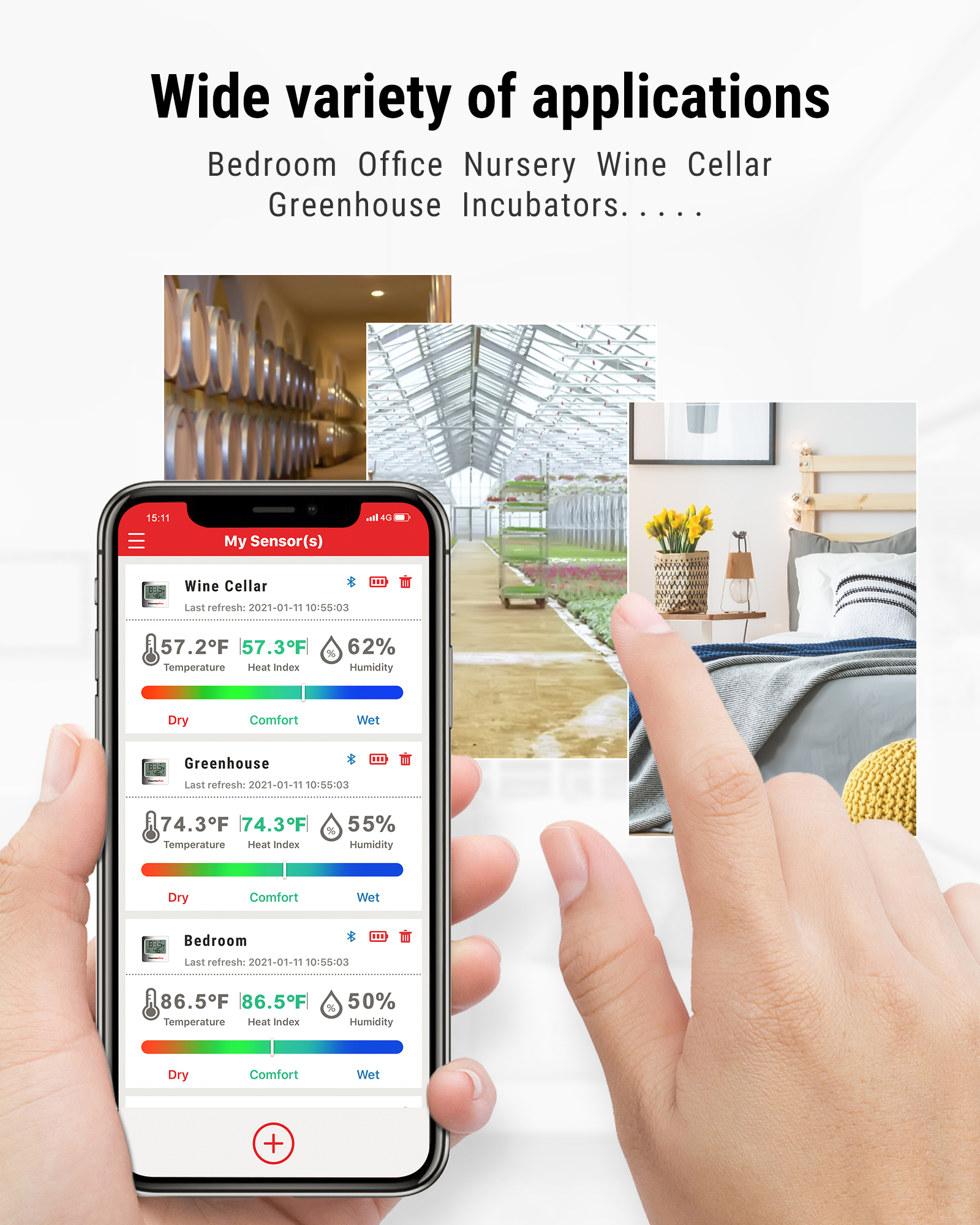 Smartphone zeigt eine Sensor-App mit Temperatur- und Feuchtigkeitsdaten für verschiedene Räume.