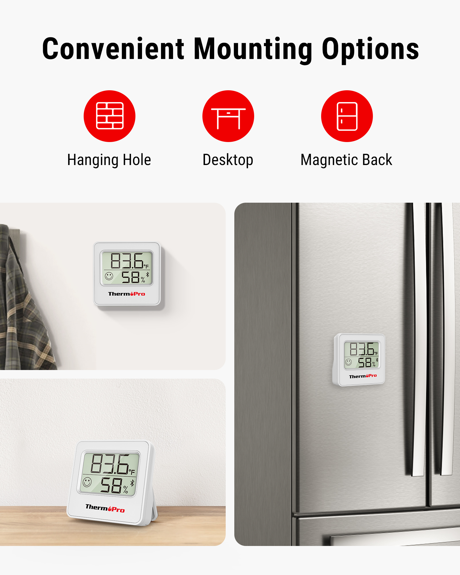 Diagramm zeigt drei Montagearten: Aufhängeloch, Tischstand und magnetische Rückseite mit ThermoPro-Gerät.