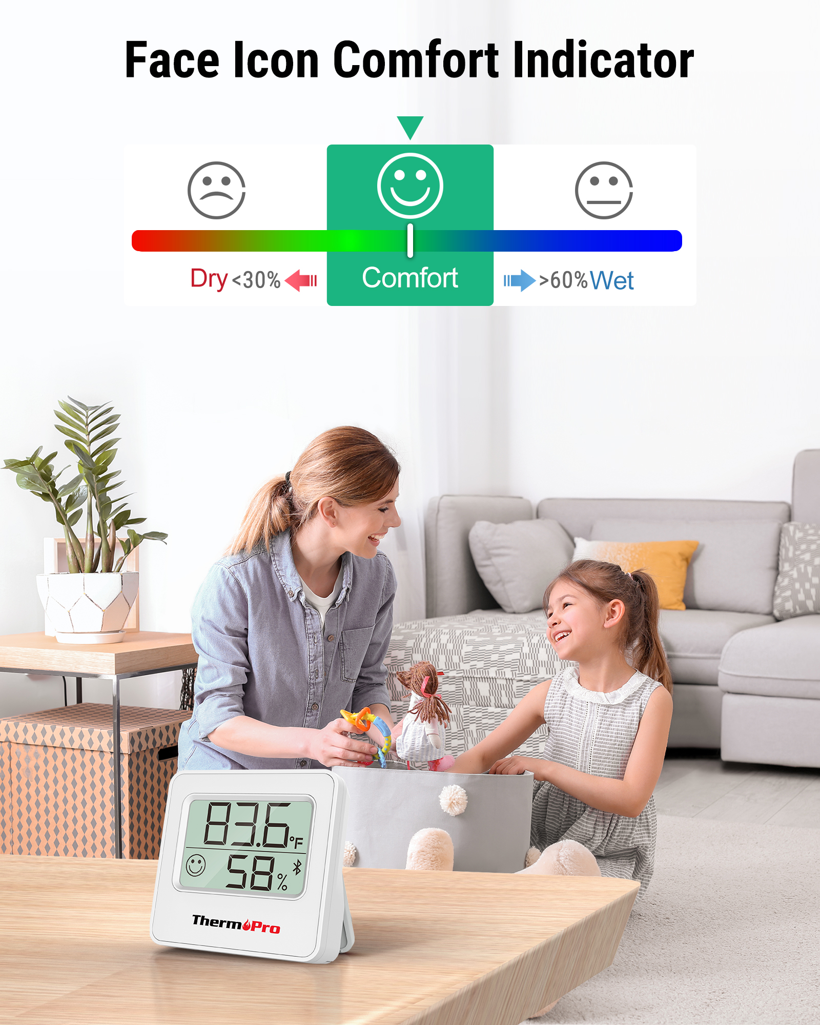 Ein Thermometer zeigt die Raumtemperatur und Luftfeuchtigkeit, während Mutter und Tochter spielen.