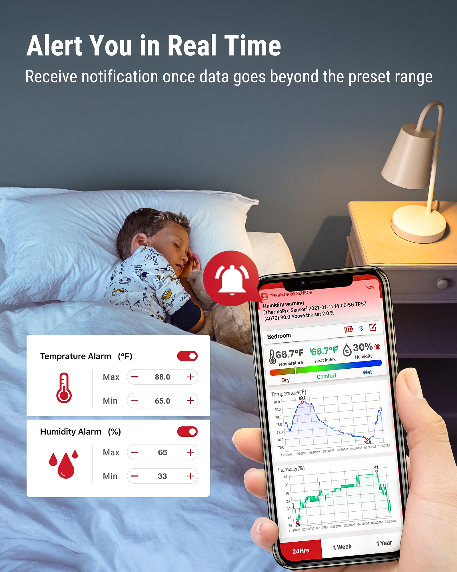Smartphone zeigt Sensor-App, während ein Kind im Bett schläft.
