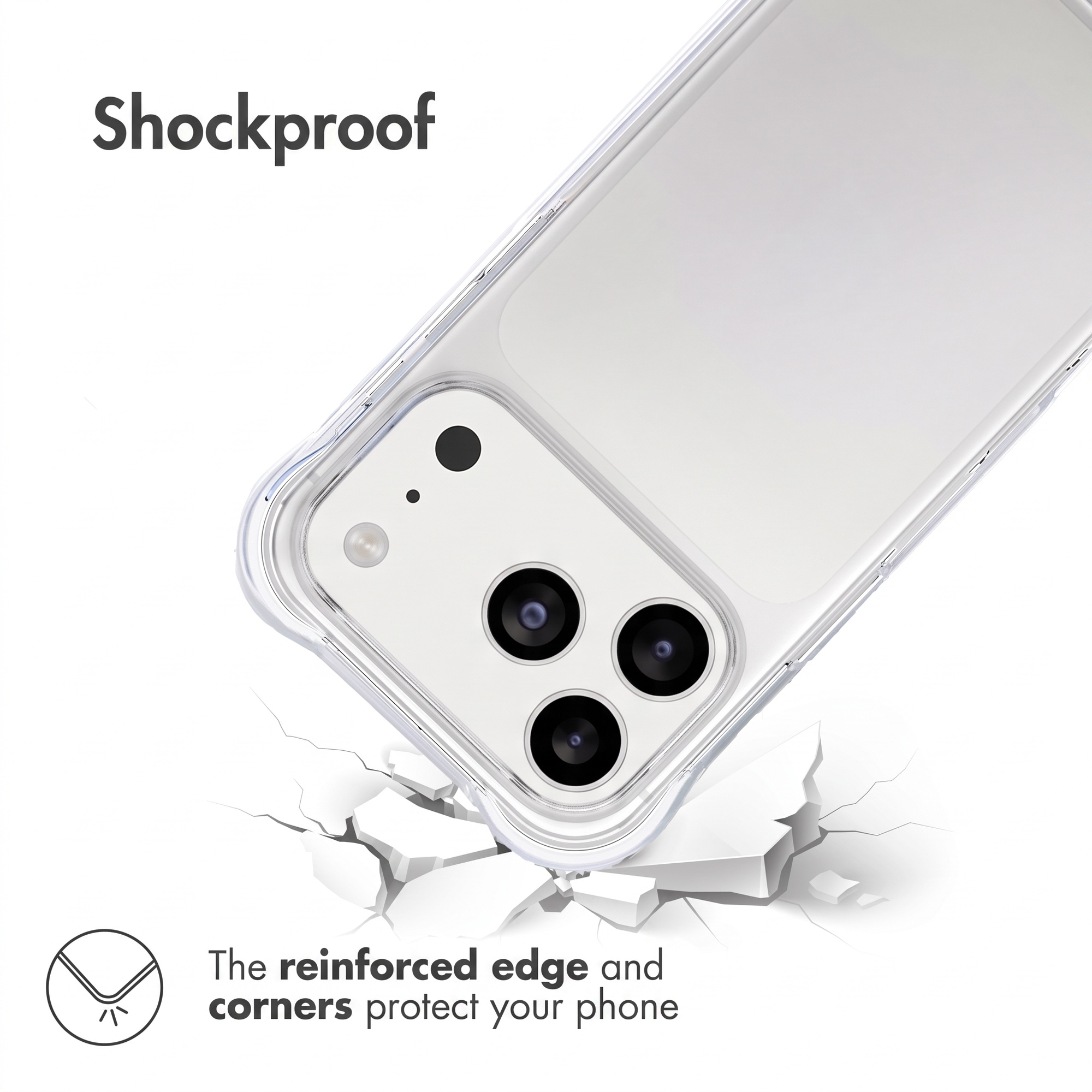 Funda de móvil a prueba de golpes con bordes y esquinas reforzados sobre fondo blanco.