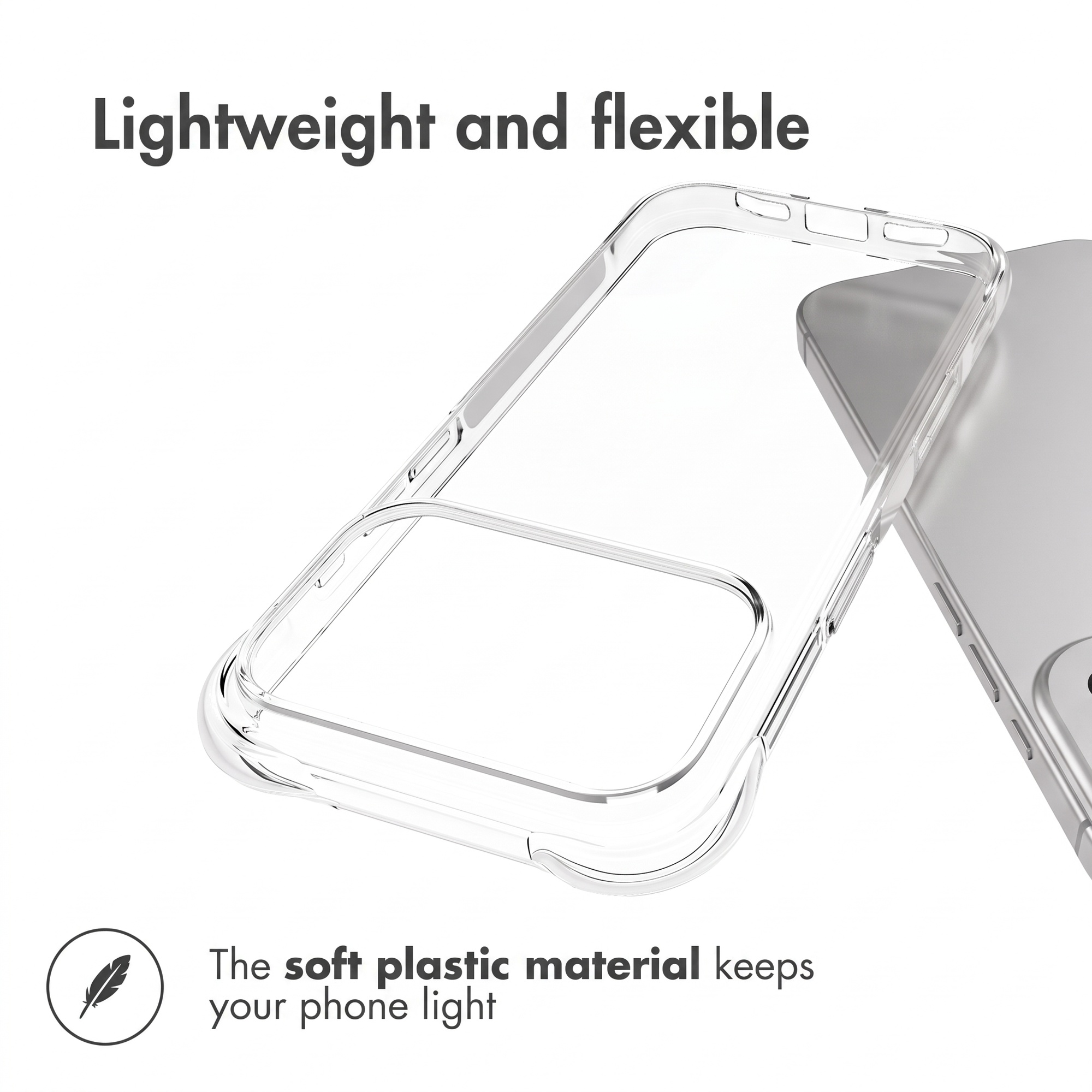 Funda transparente para teléfono junto a un smartphone sobre fondo blanco.