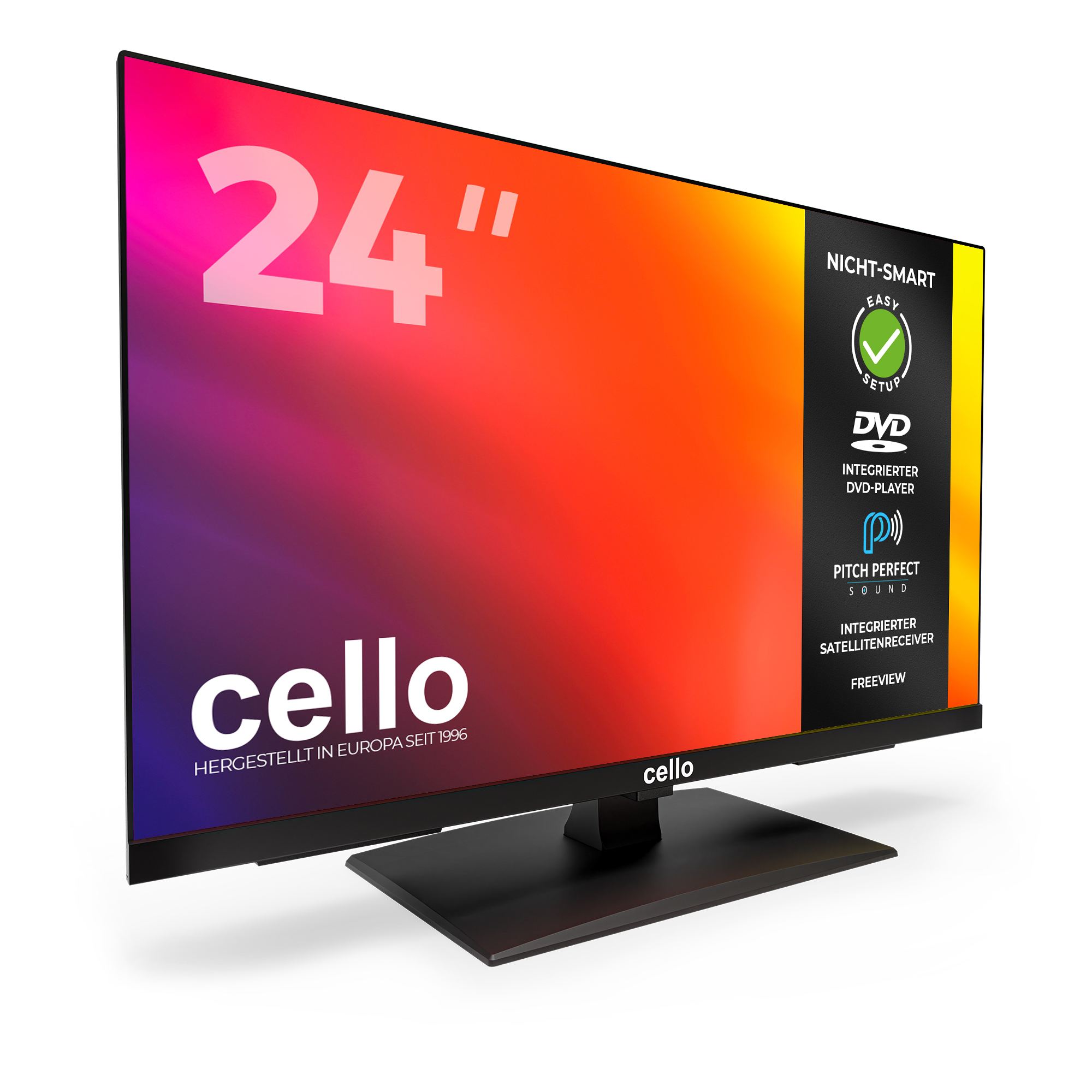 Ein schwarzer Cello 24-Zoll-Fernseher auf einem Standfuß zeigt einen bunten Bildschirm mit Text und Symbolen.