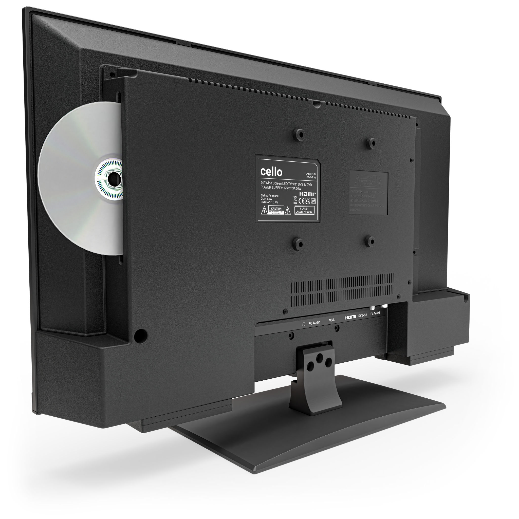 Die Rückseite eines schwarzen Cello LED-Fernsehers mit integriertem DVD-Player an der Seite und Standfuß.