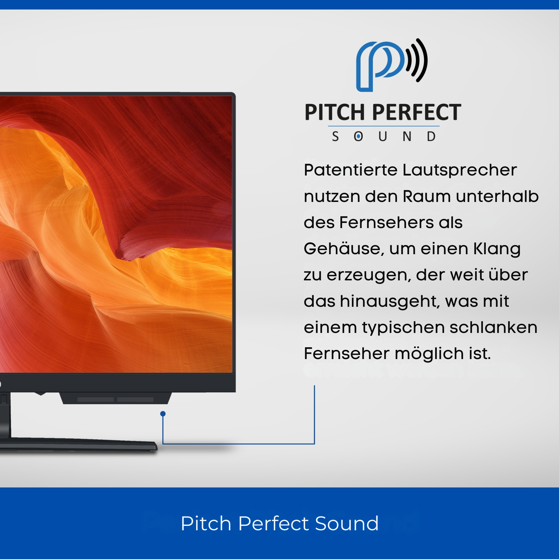 Pitch Perfect Sound Logo und deutscher Text über Lautsprecher eines Fernsehers.