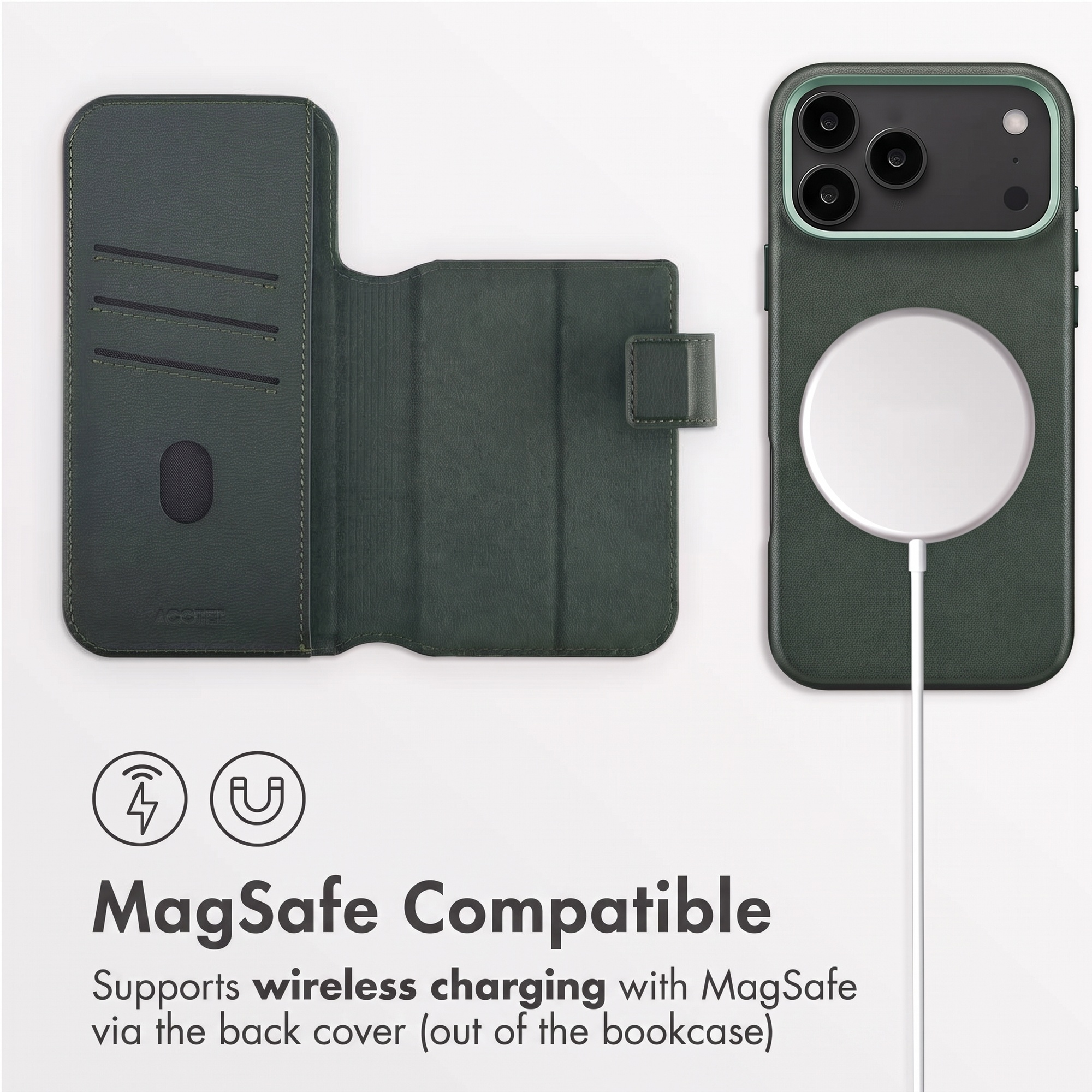 Coque de téléphone verte avec chargeur MagSafe et portefeuille ouvert avec fentes pour cartes.