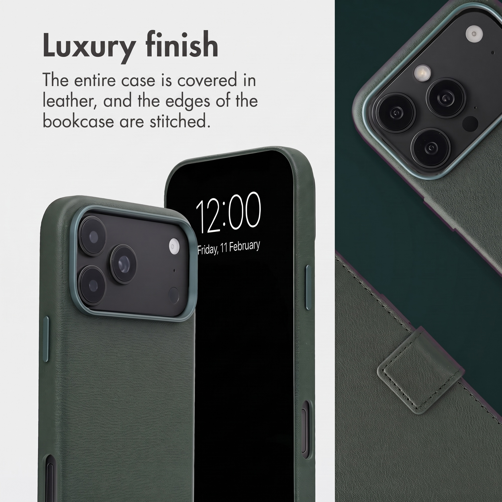 Coque de téléphone en cuir vert avec coutures, découpe pour appareil photo et texte.