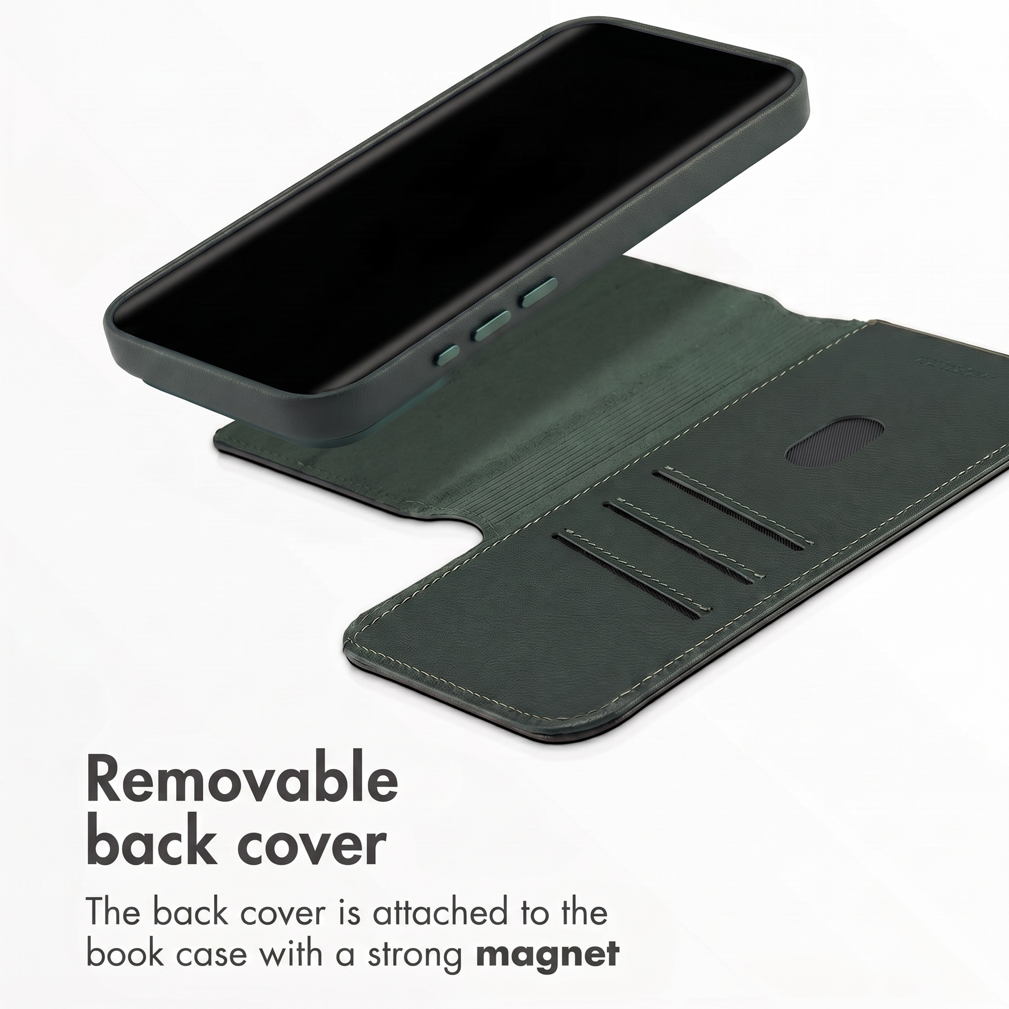 Étui de téléphone en cuir vert avec coque amovible et fentes pour cartes.