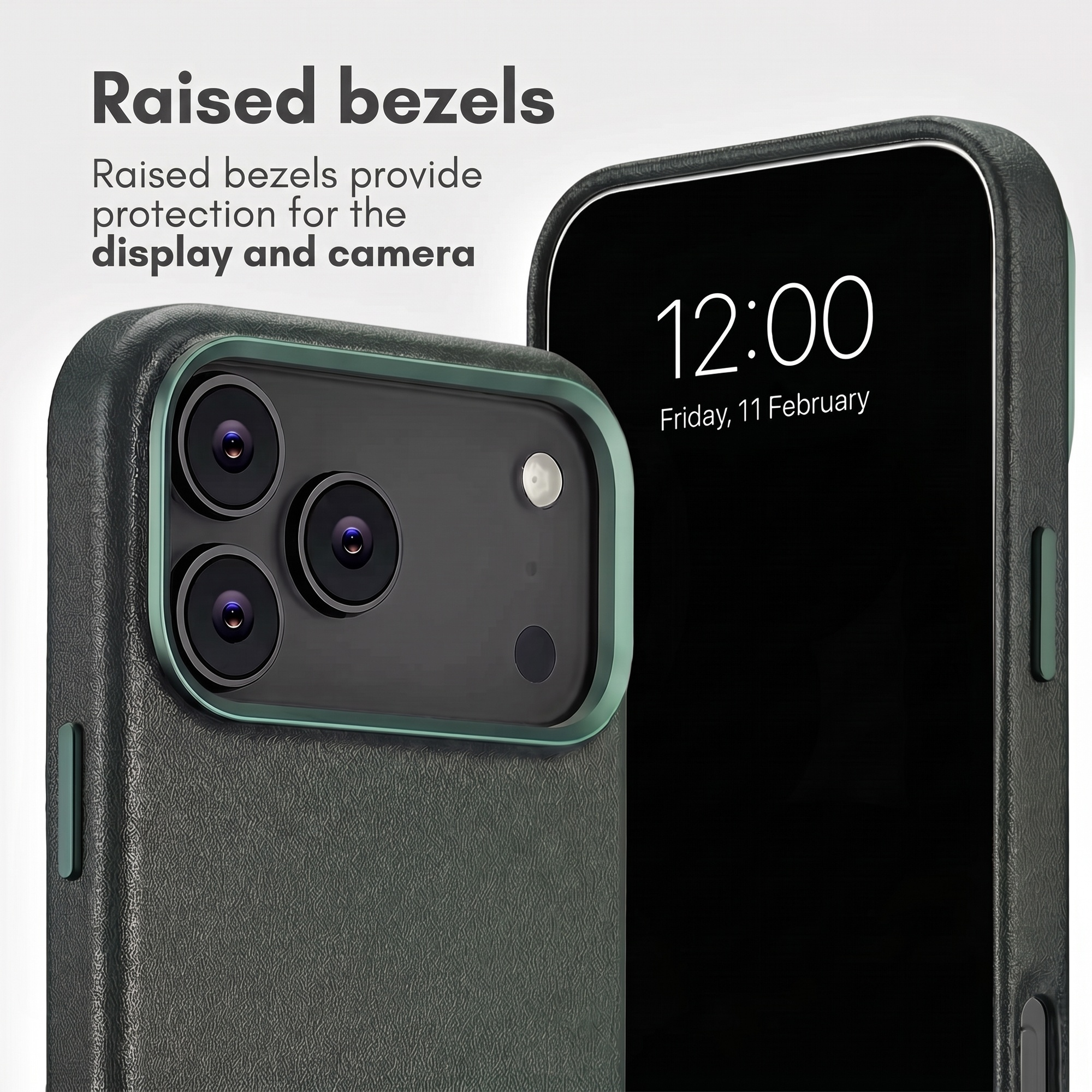 Coque de téléphone avec bords surélevés pour protéger l'appareil photo et l'écran, texte: Raised bezels.