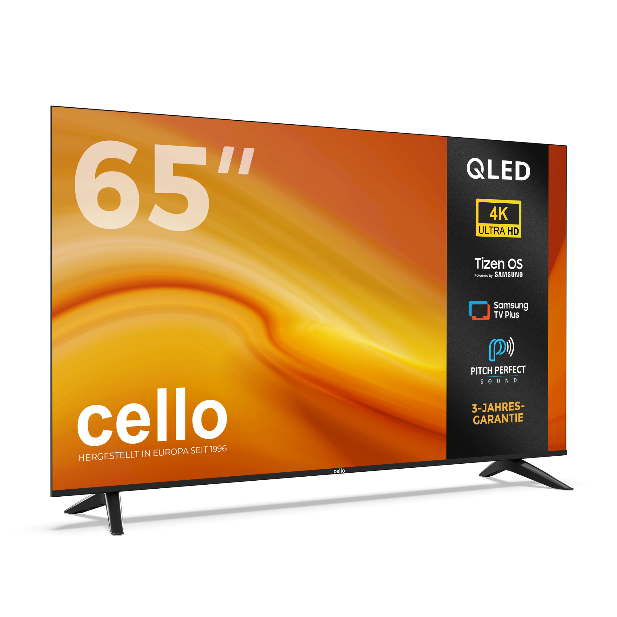 Ein 65-Zoll Cello QLED Fernseher mit orangerartiger abstrakter Hintergrundgrafik und Feature-Symbolen.