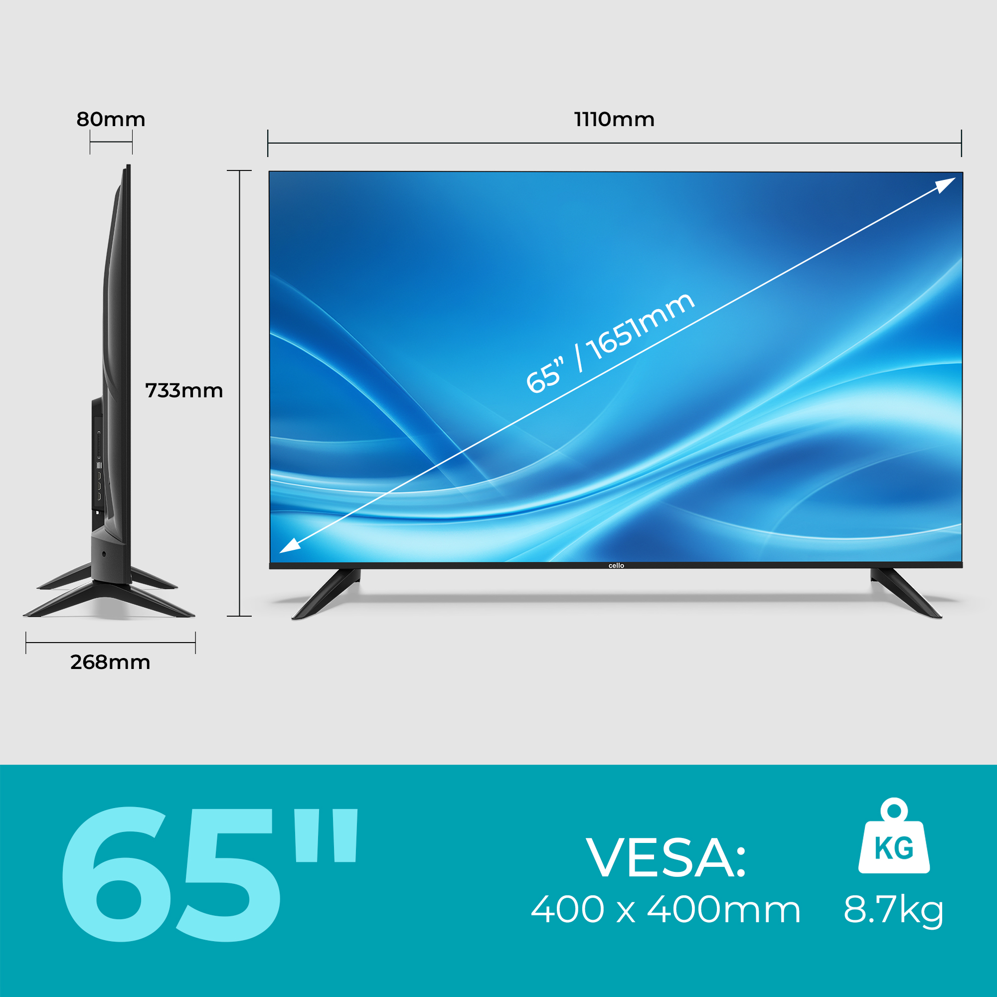 Technische Zeichnung eines 65-Zoll-Fernsehers mit Maßen, Seiten- und Vorderansicht, VESA 400x400 und 8,7 kg Gewicht.