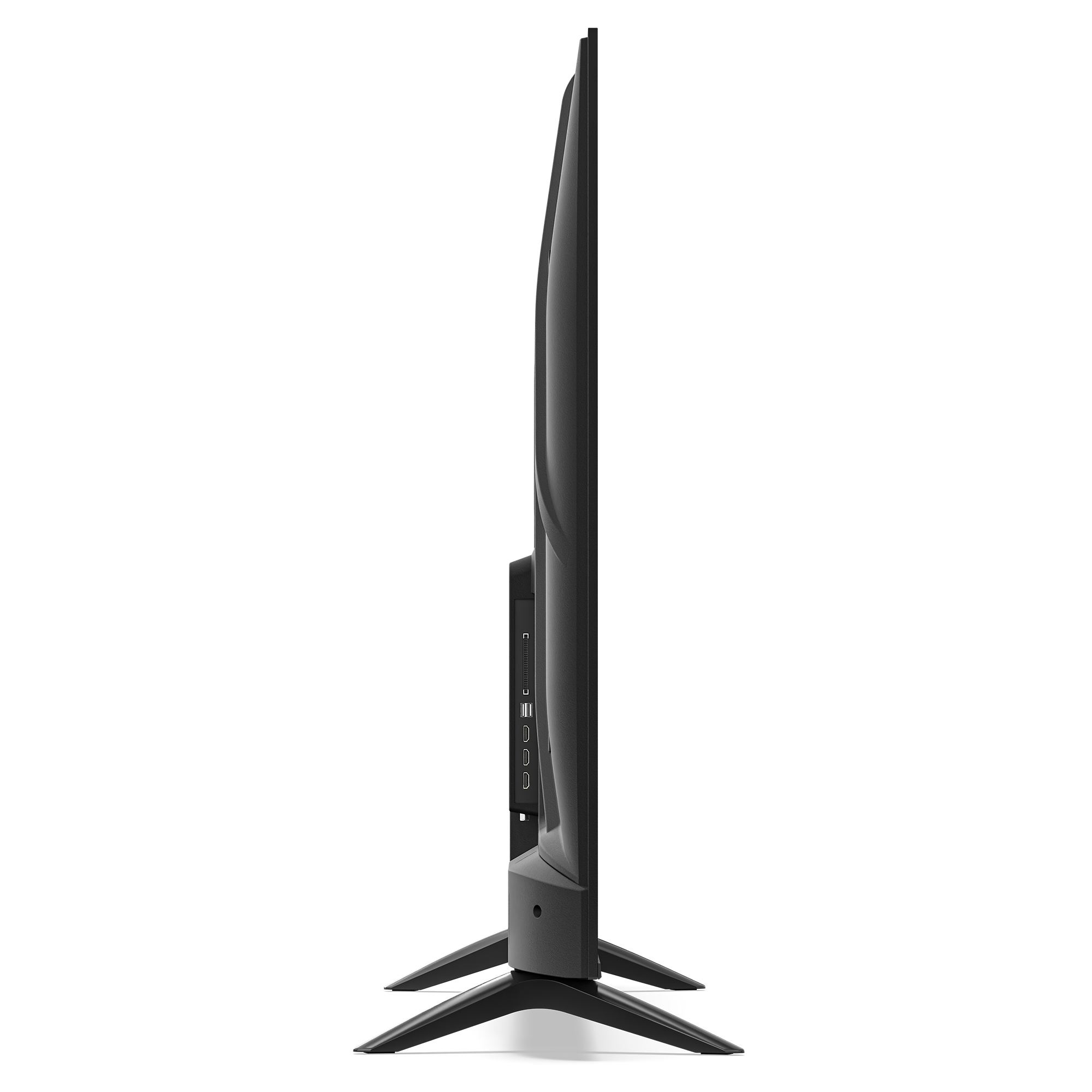 Seitenansicht eines schlanken schwarzen Fernsehers mit V-förmigen Standfüßen und sichtbaren Anschlüssen auf weißem Grund.