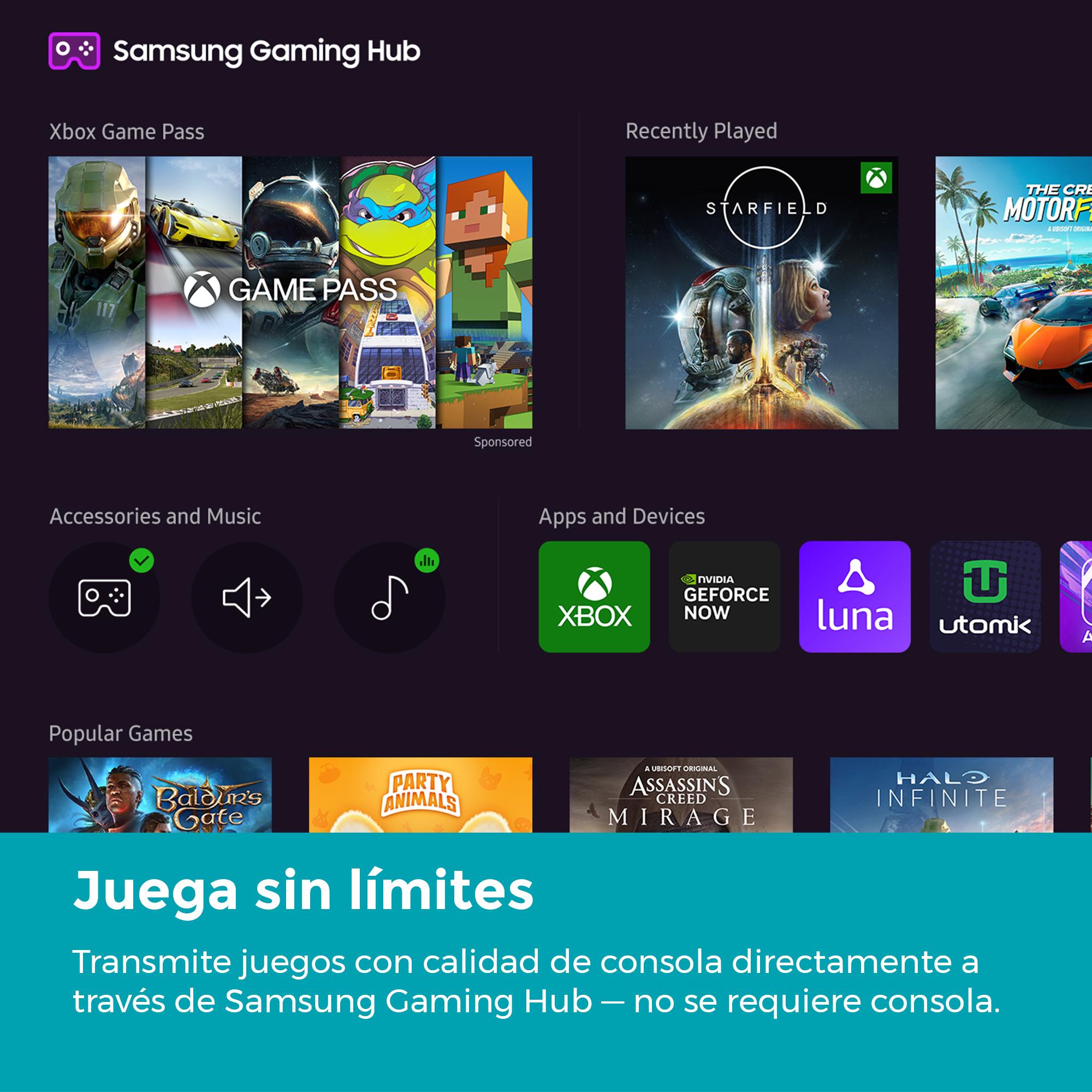 Samsung Gaming Hub Oberfläche mit Xbox Game Pass, k ürzlich gespeielten Spielen, Apps und Banner.