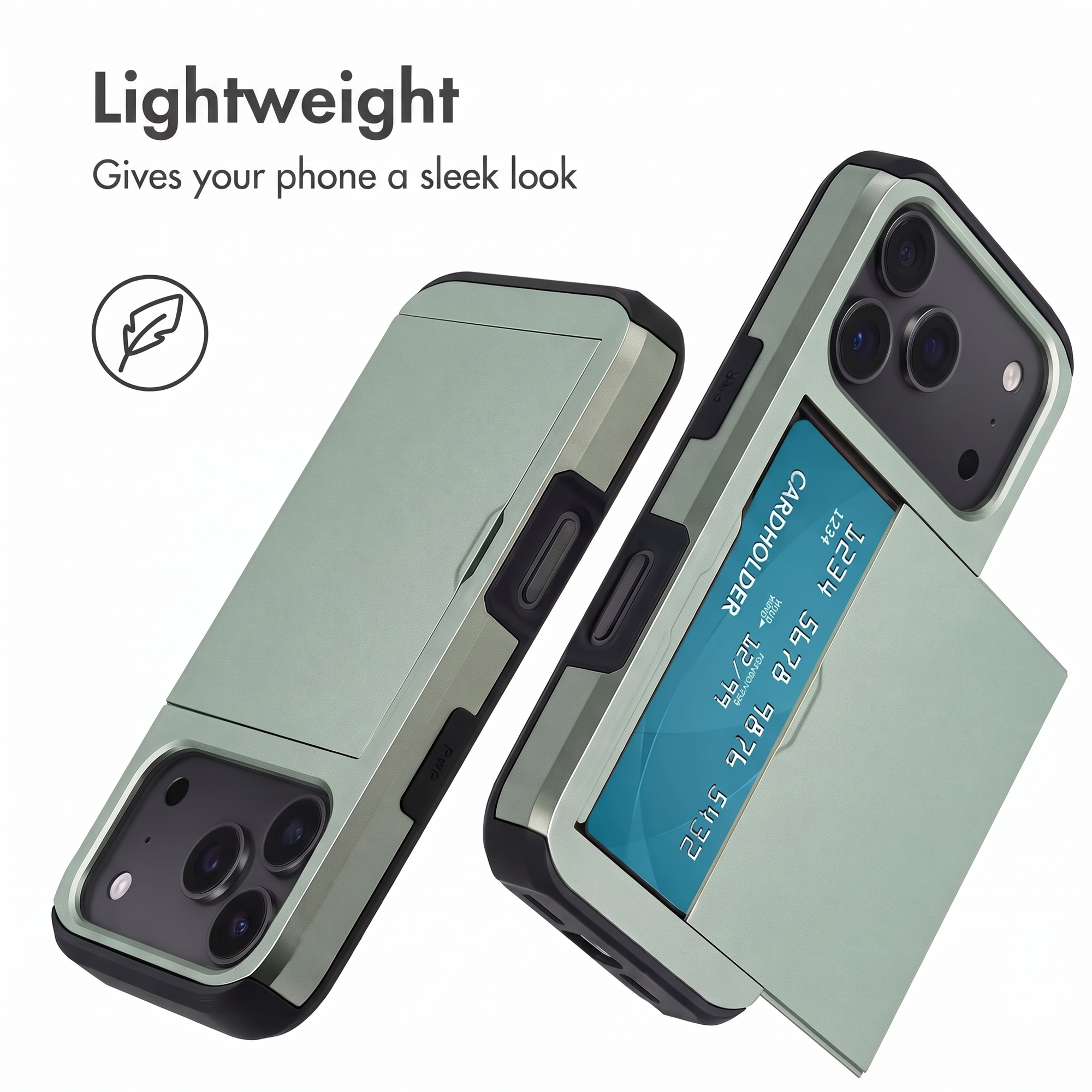 Leichtes, grünes Smartphone-Case mit integriertem Kartenfach auf der Rückseite.