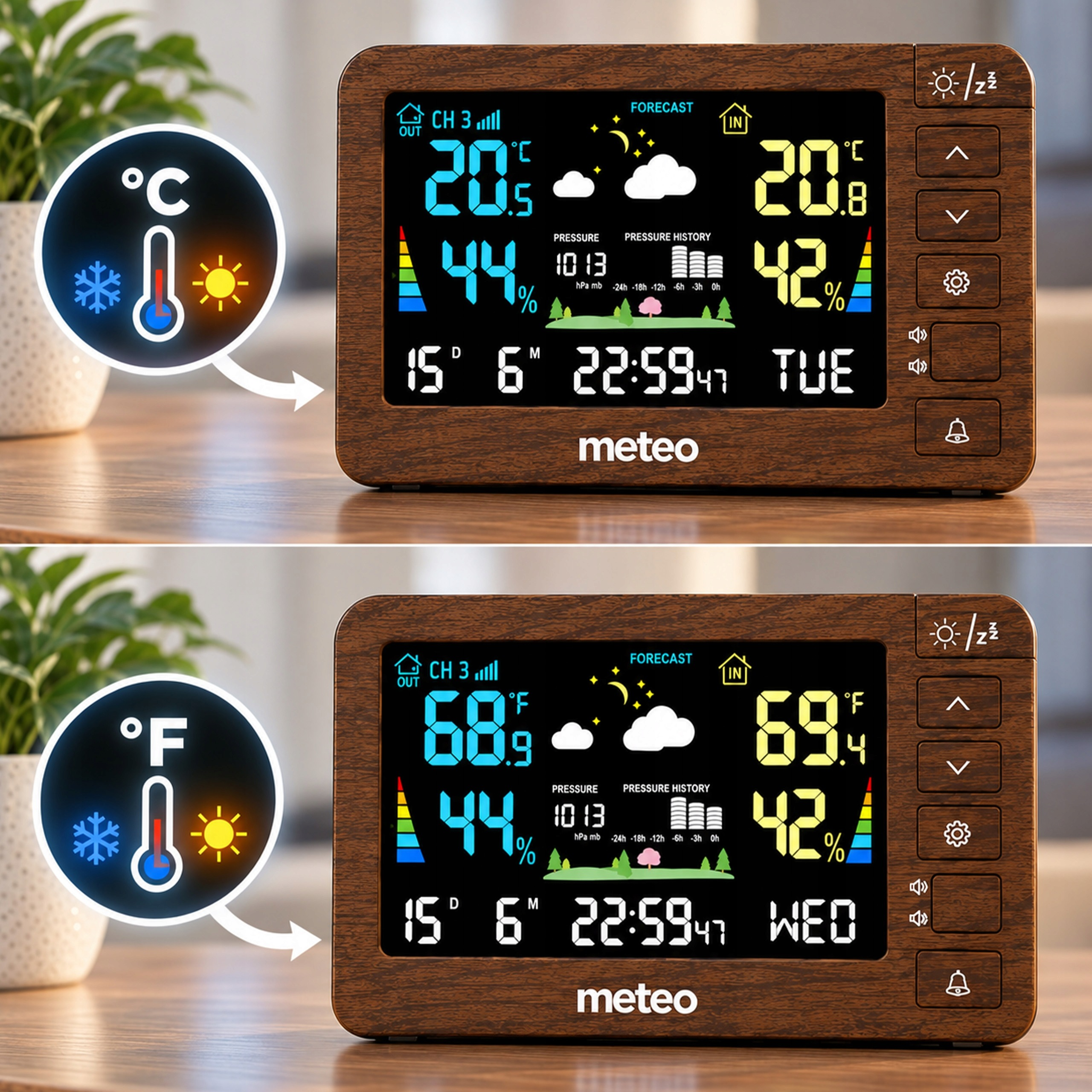 Drewniana stacja pogodowa Meteo na stole pokazuje temperaturę w Celsjuszach i Fahrenheitach.