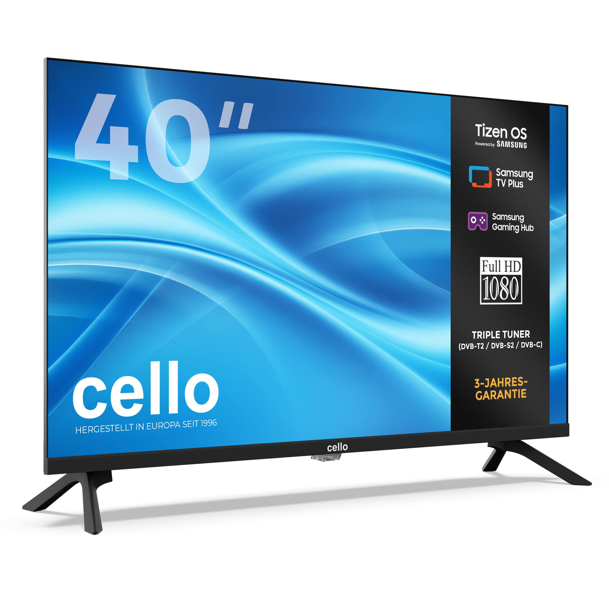 Ein 40 Zoll Cello Fernseher mit Tizen OS, Full HD und schwarzem Rahmen auf V-Ständern vor weißem Hintergrund.