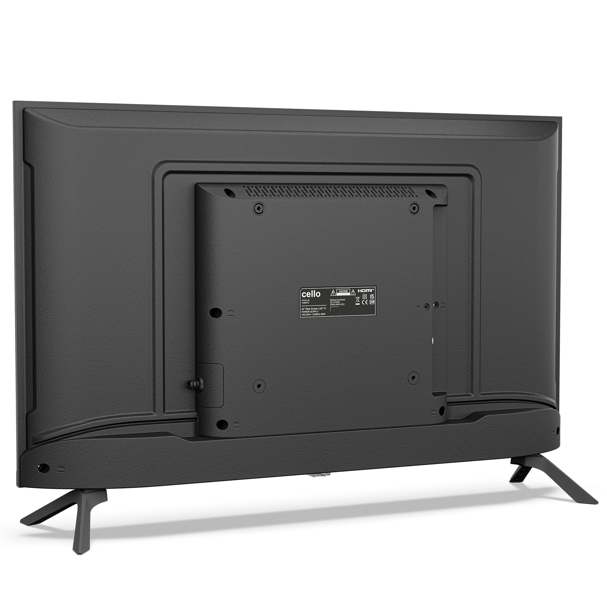 Rückseite eines schwarzen Cello-Fernsehers mit VESA-Halterung und Beinen vor weißem Hintergrund.