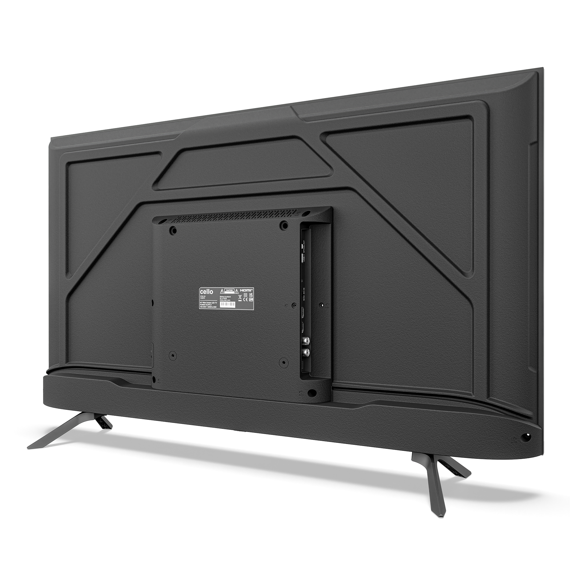 Die Rückseite eines schwarzen LED-Fernsehers mit Standfüßen und Anschlüssen auf einer weißen Oberfläche.