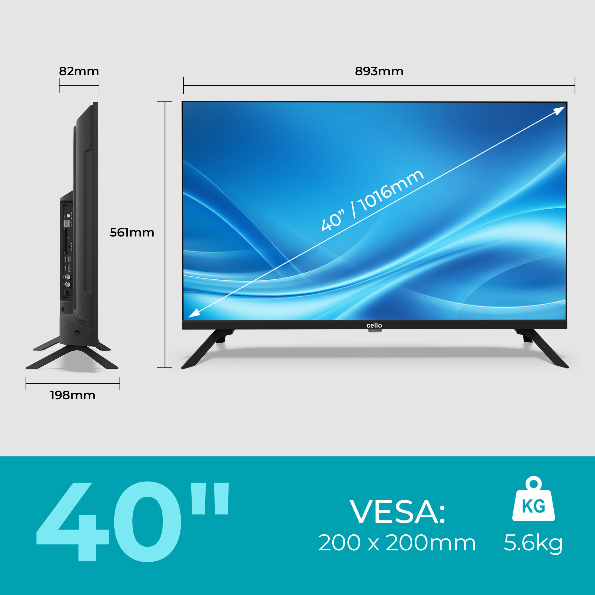 Diagramm zeigt die Abmessungen eines 40-Zoll-Cello-Fernsehers mit VESA 200x200 mm und 5,6 kg.