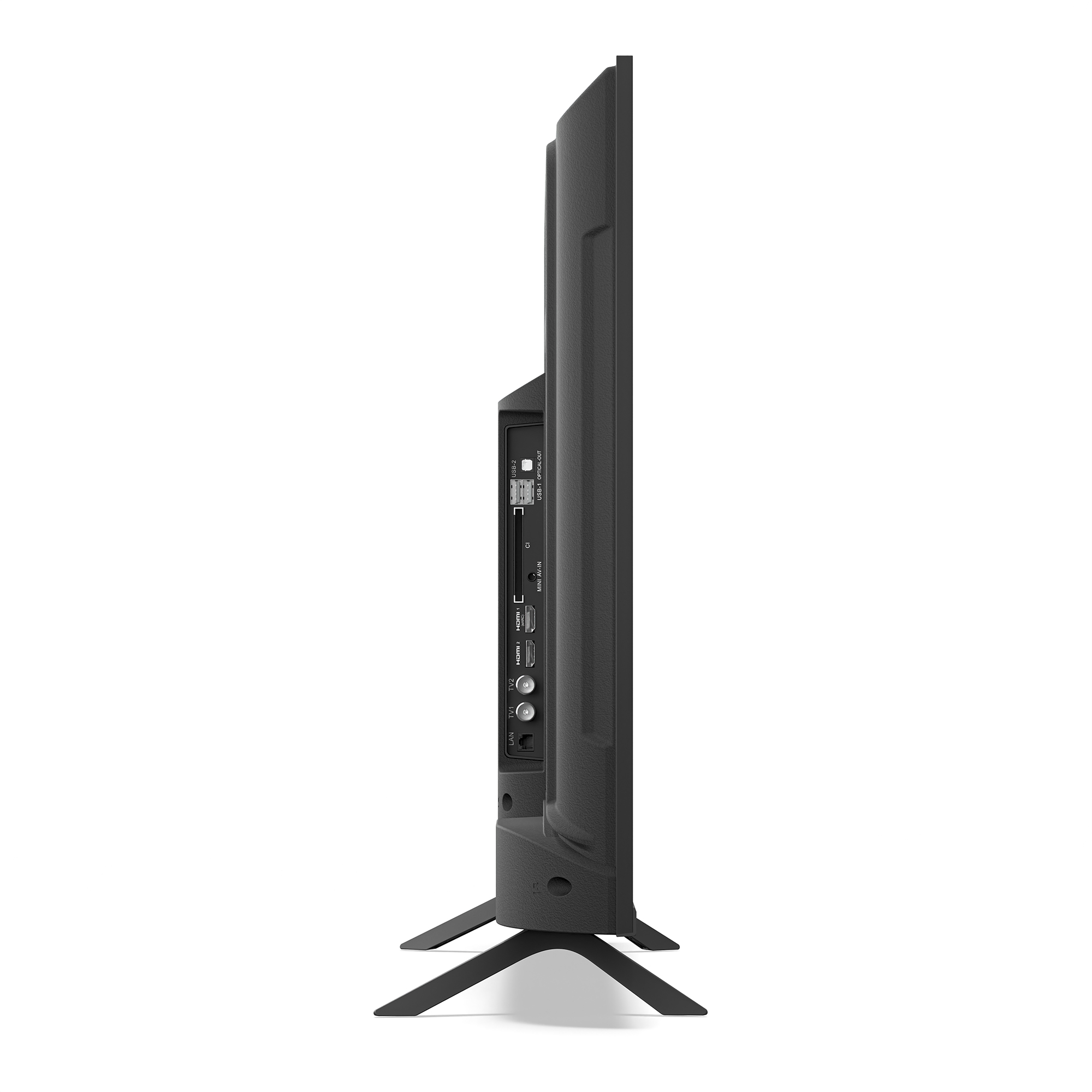 Seitenansicht eines schwarzen Fernsehers auf einem Ständer mit sichtbaren Anschlussports.