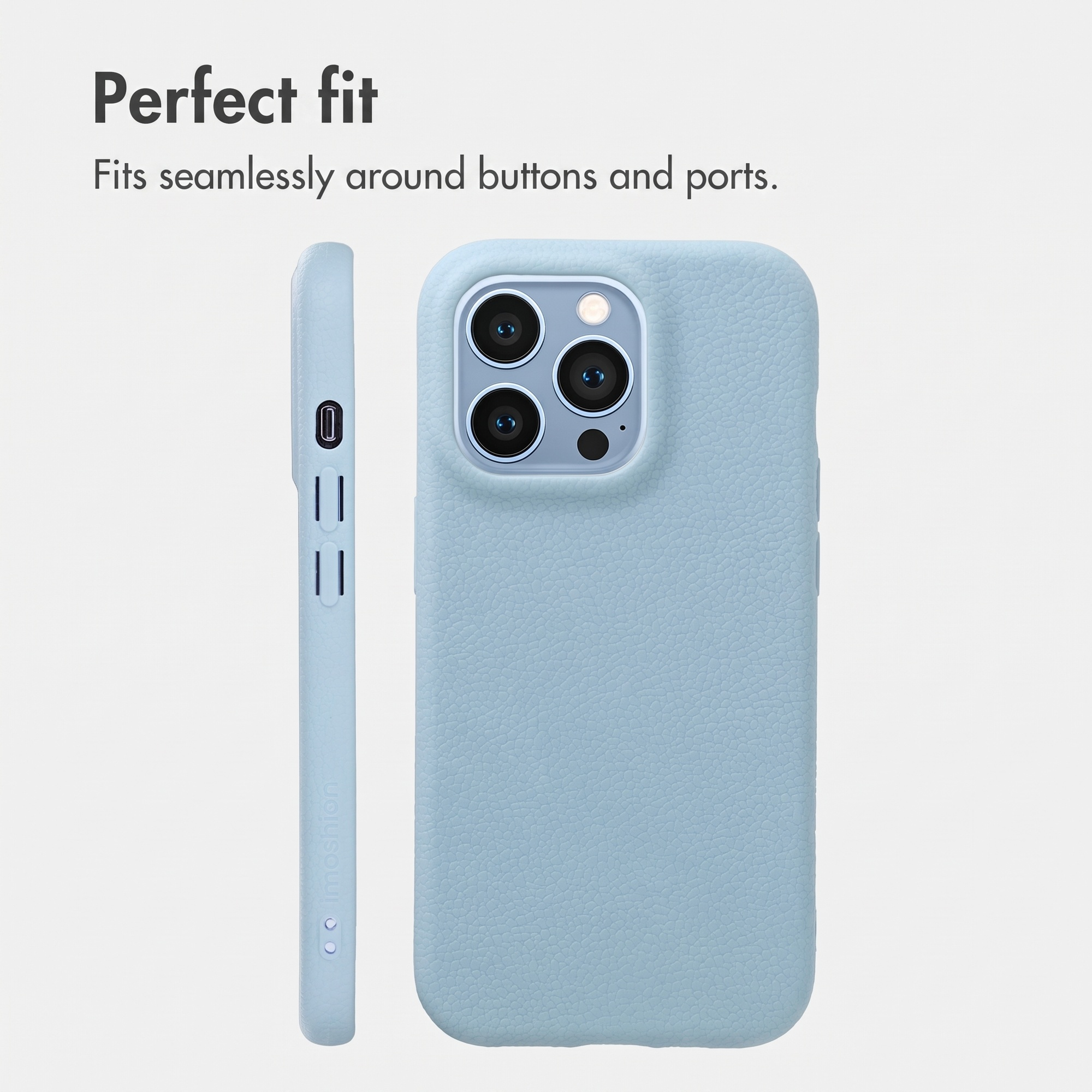Hellblaue Leder-iPhone-Hülle von hinten und der Seite, zeigt präzise Ausschnitte für Tasten und Anschlüsse.