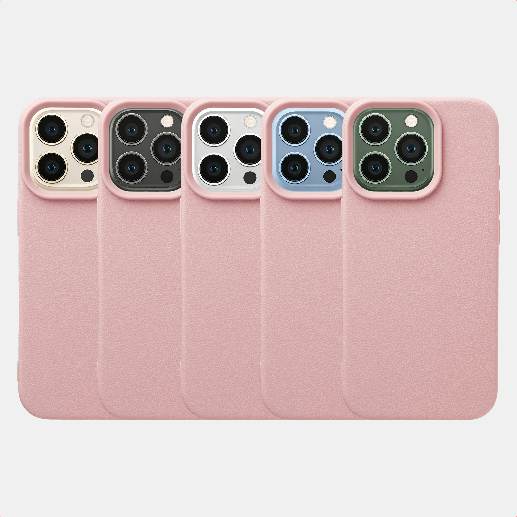 Fünf iPhones mit rosafarbenen Hüllen in verschiedenen Kamerafarben.