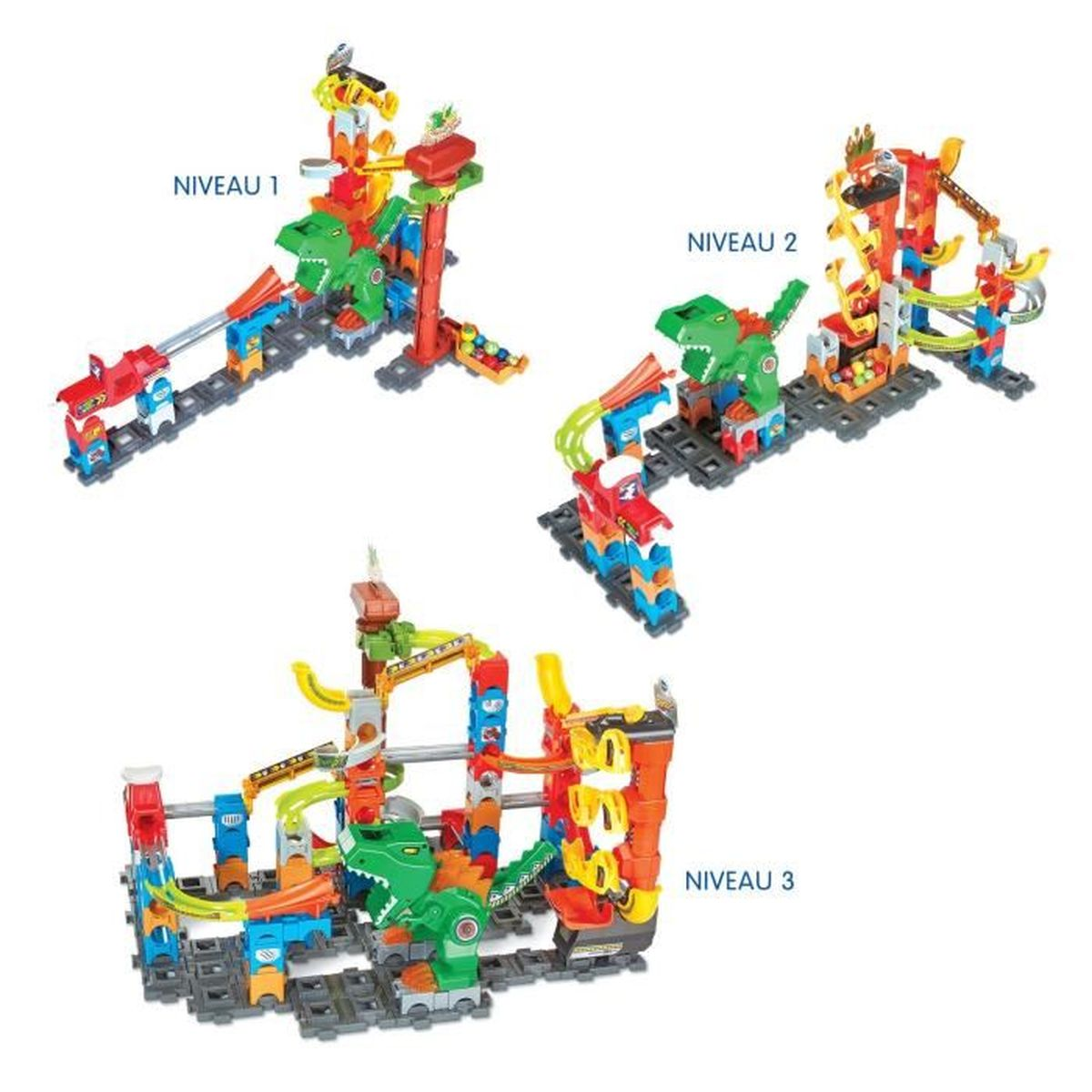 Drei verschiedene Ebenen eines bunten Dinosaurier-Spielsets mit Murmelbahnen auf weißem Hintergrund.