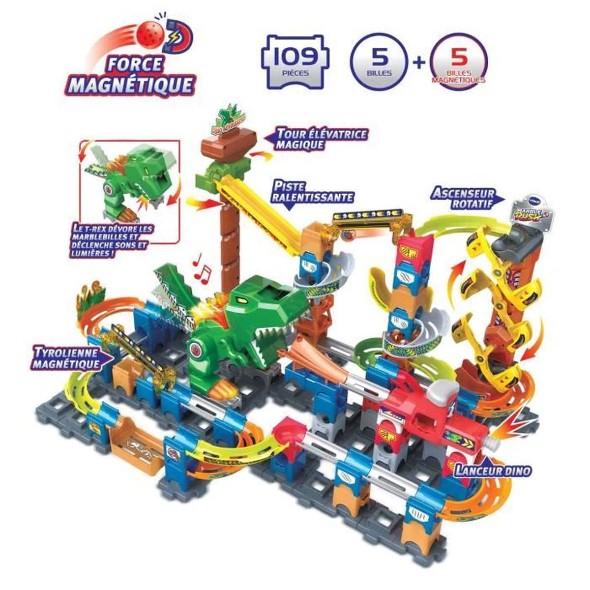 Buntes Dinosaurier-Murmelbahnsystem aus Kunststoff mit 109 Teilen und verschiedenen Elementen.