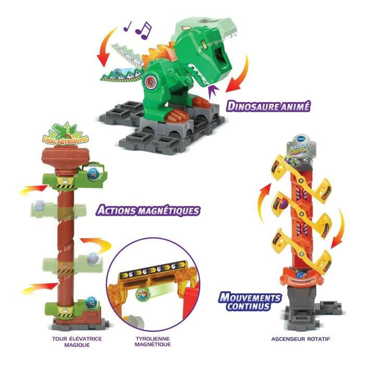 Ein Spielset mit einem grünen Plastikdinosaurier, einem magnetischen Aufzugsturm und einem rotierenden Murmellift.