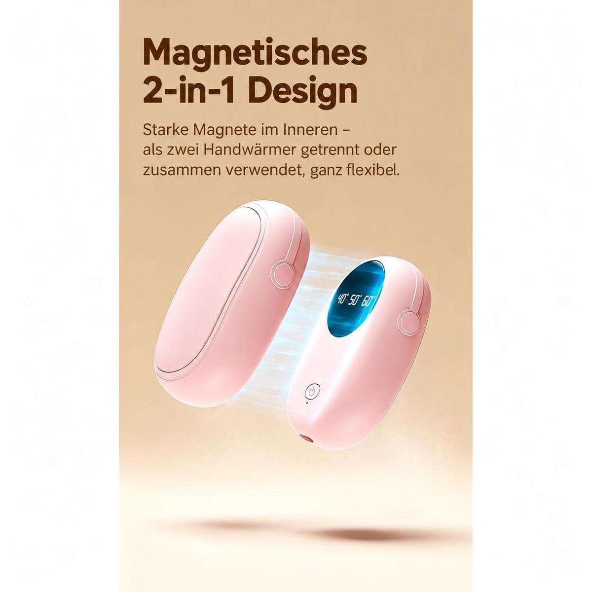 Zwei pinke Handwärmer mit Magnetdesign und digitaler Temperaturanzeige auf einem beigen Hintergrund.