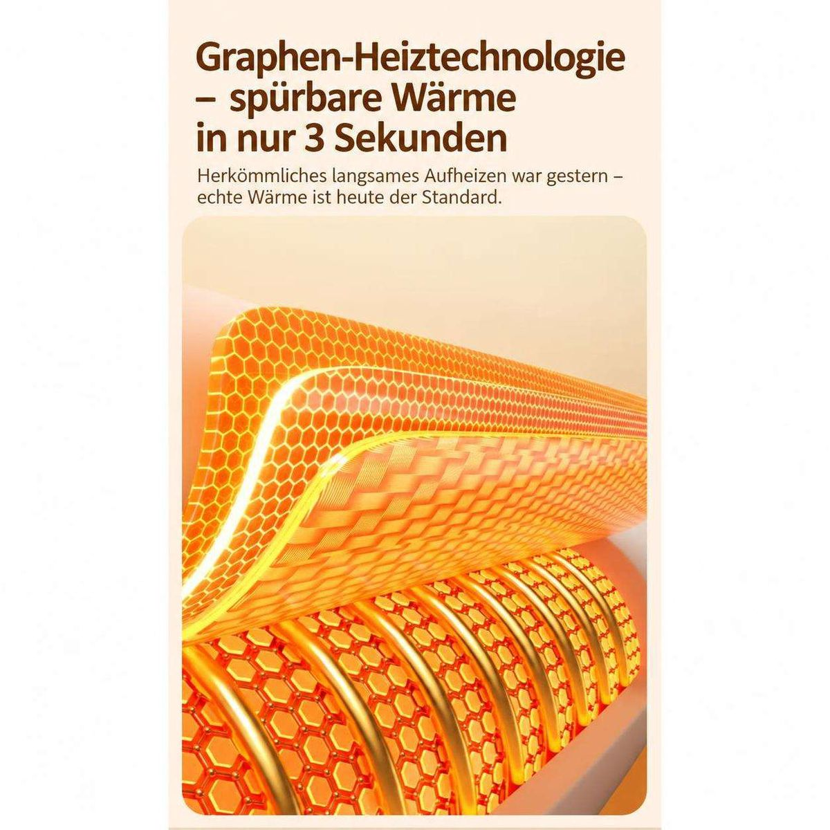 Grafik zeigt Graphen-Heiztechnologie mit orangem Wabendesign und deutschem Werbetext oben.