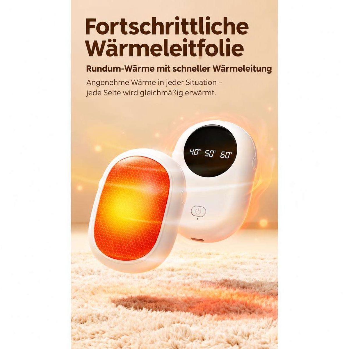Zwei weiße Handwärmer mit digitalem Display und orange leuchtenden Heizflächen auf einem flauschigen Teppich.
