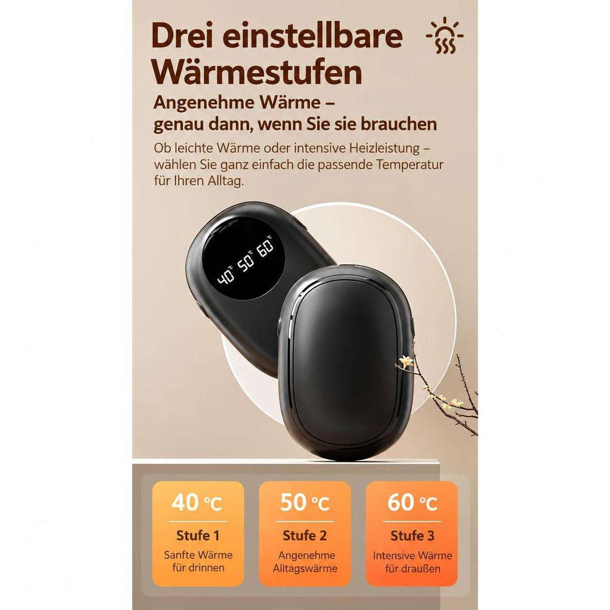 Handwärmer mit drei einstellbaren Temperaturstufen von 40C, 50C und 60C und digitalem Display.