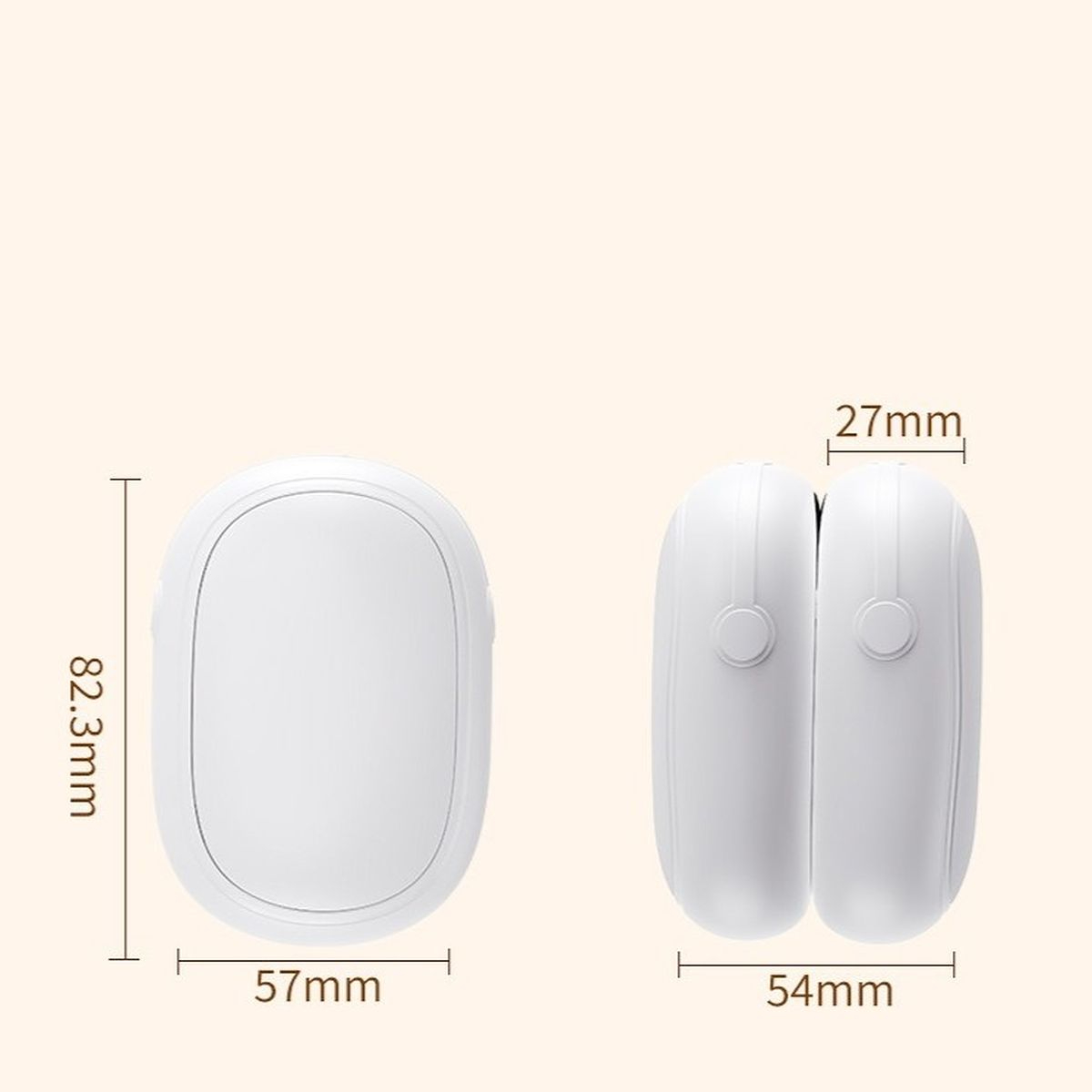 Technische Zeichnung mit Maßen eines ovalen weißen Geräts: 82.3mm Höhe, 57mm Breite und 27mm bzw. 54mm Tiefe.