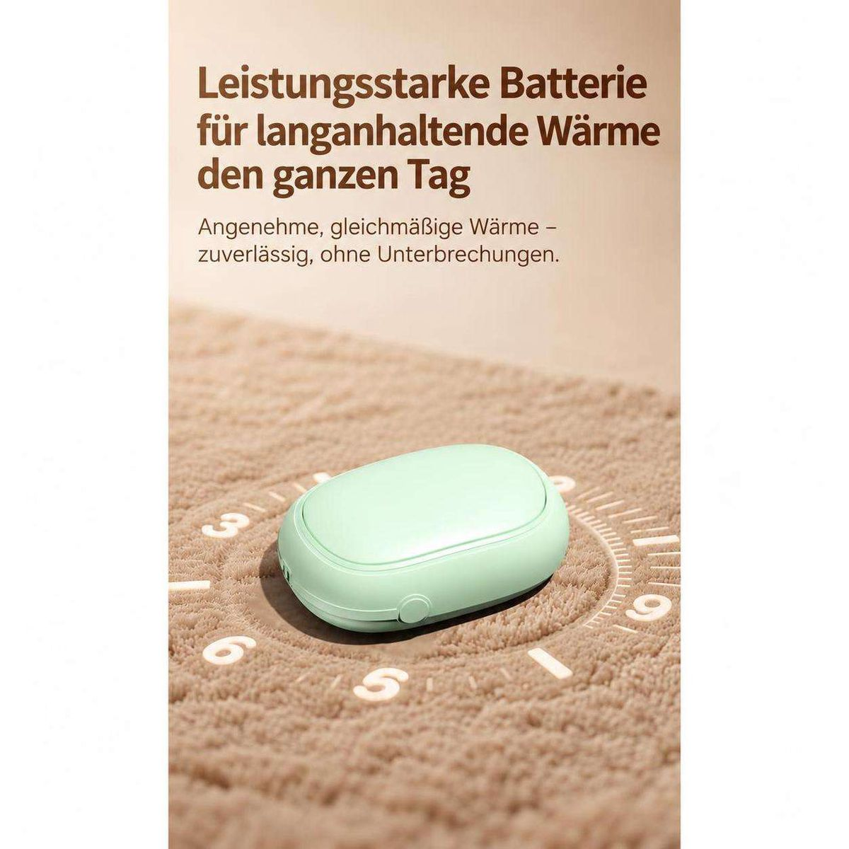 Grünes Handwärmegerät auf beigem Textil mit deutscher Werbeinschrift und Uhrendesign.