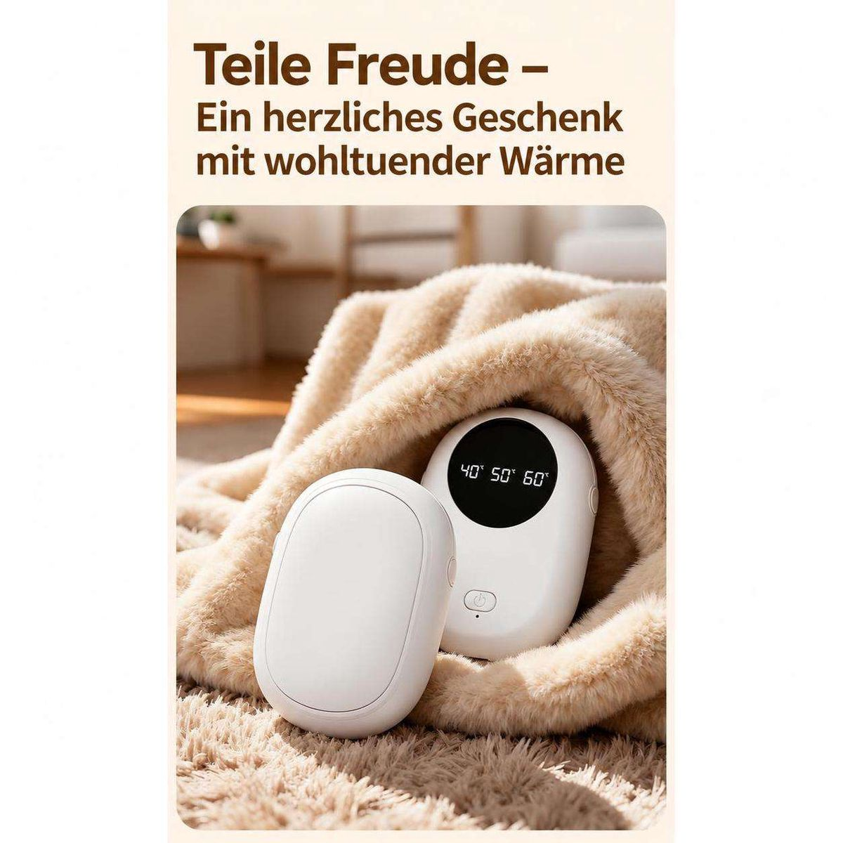 Zwei weiße Handwärmer auf flauschiger Decke mit Text oben.