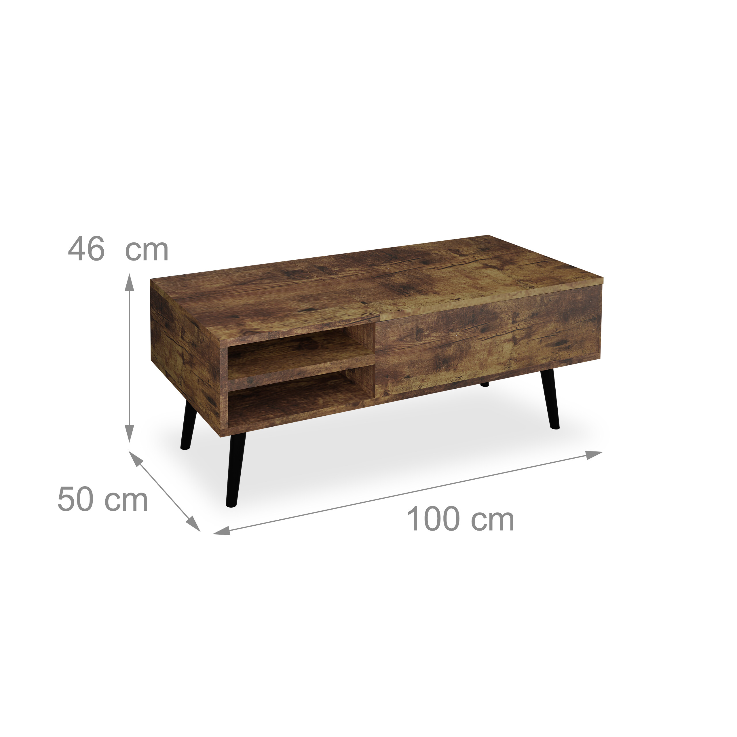 Holz-Couchtisch mit schwarzen Beinen und Maßen von 100x50x46 cm vor weißem Hintergrund.