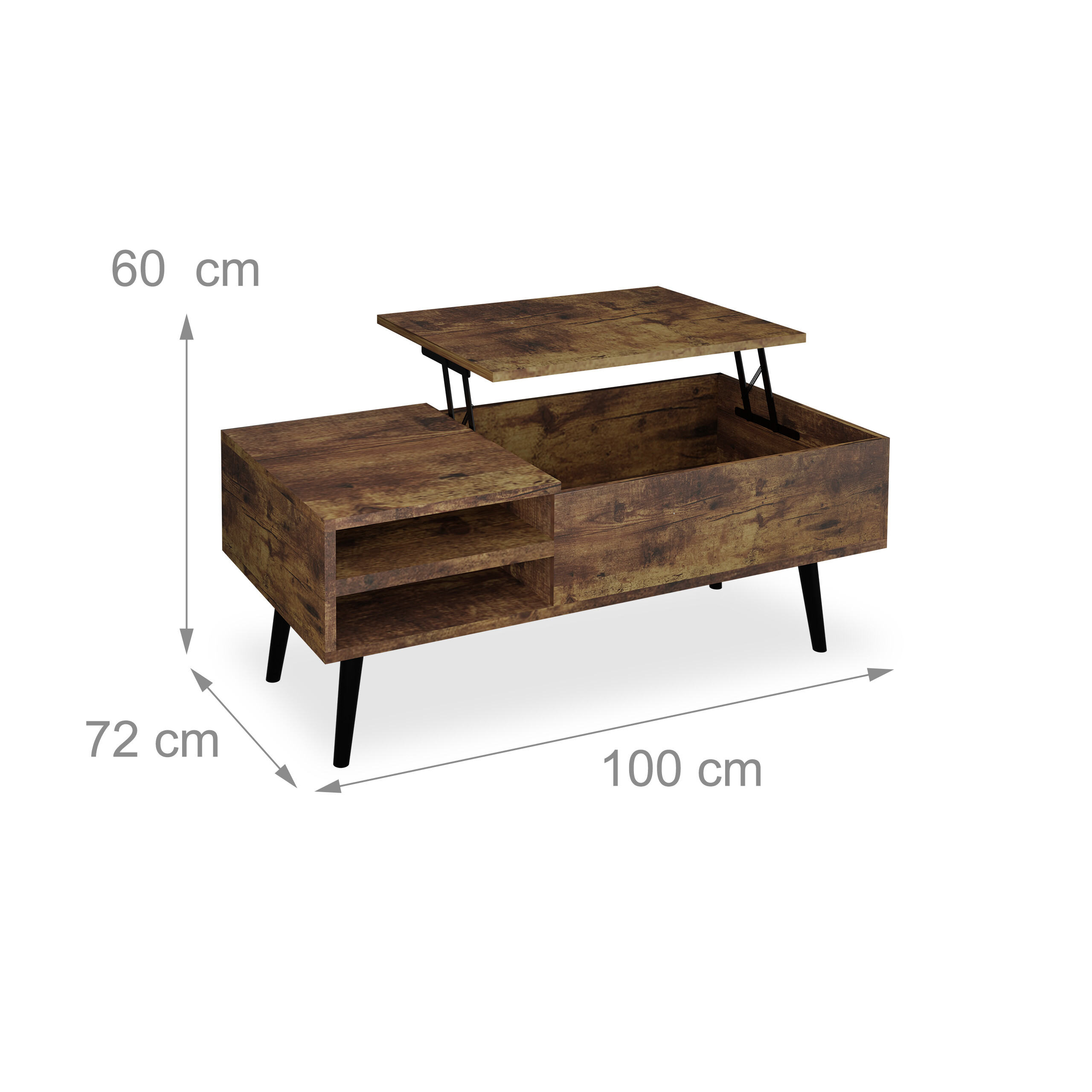 Holzfarbener Couchtisch mit Hubplatte und Abmessungen: 100 cm breit, 72 cm tief, 60 cm hoch.