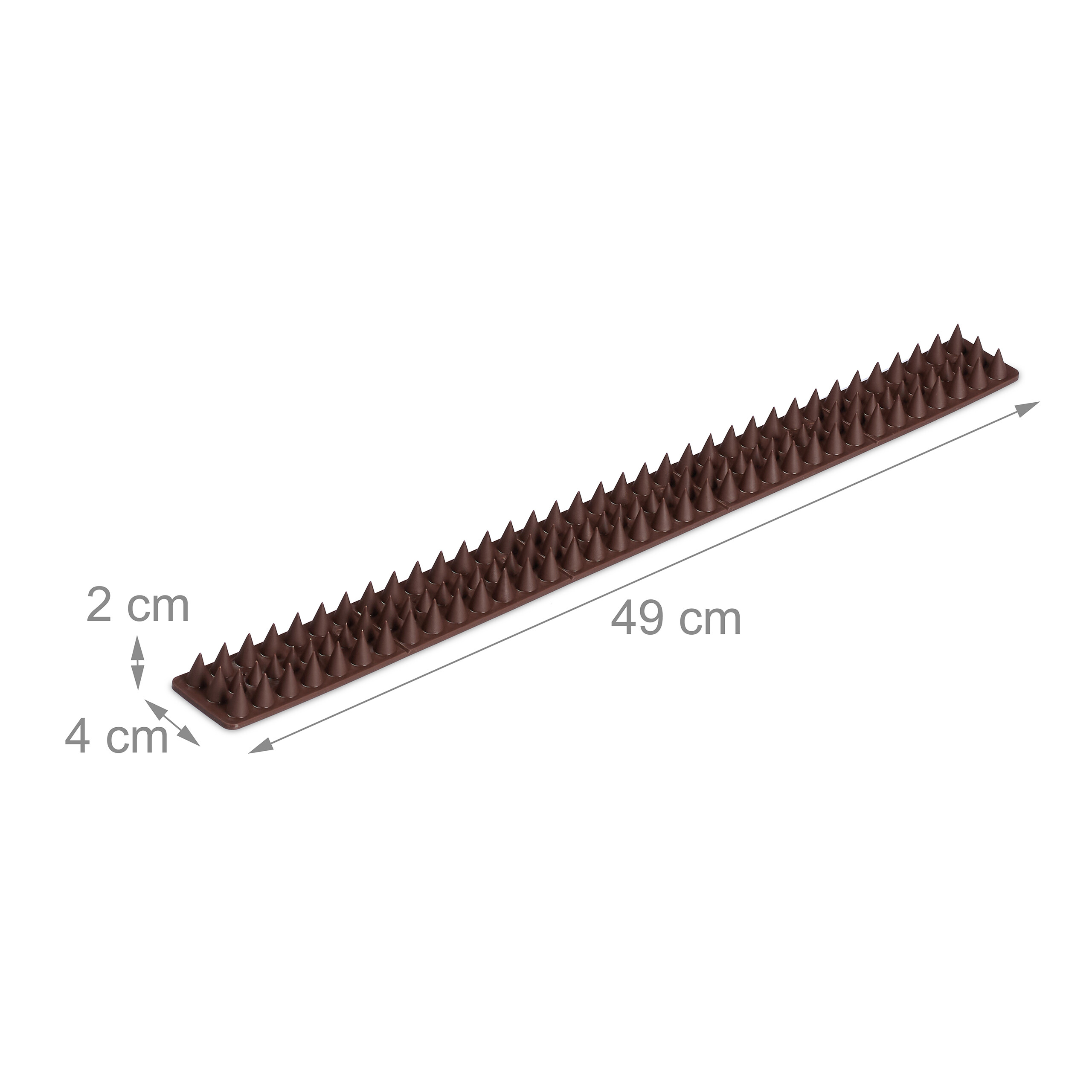 Ein brauner Kunststoff-Vogelabwehrstreifen, 49 cm lang, 4 cm breit und 2 cm hoch, vor weißem Hintergrund.