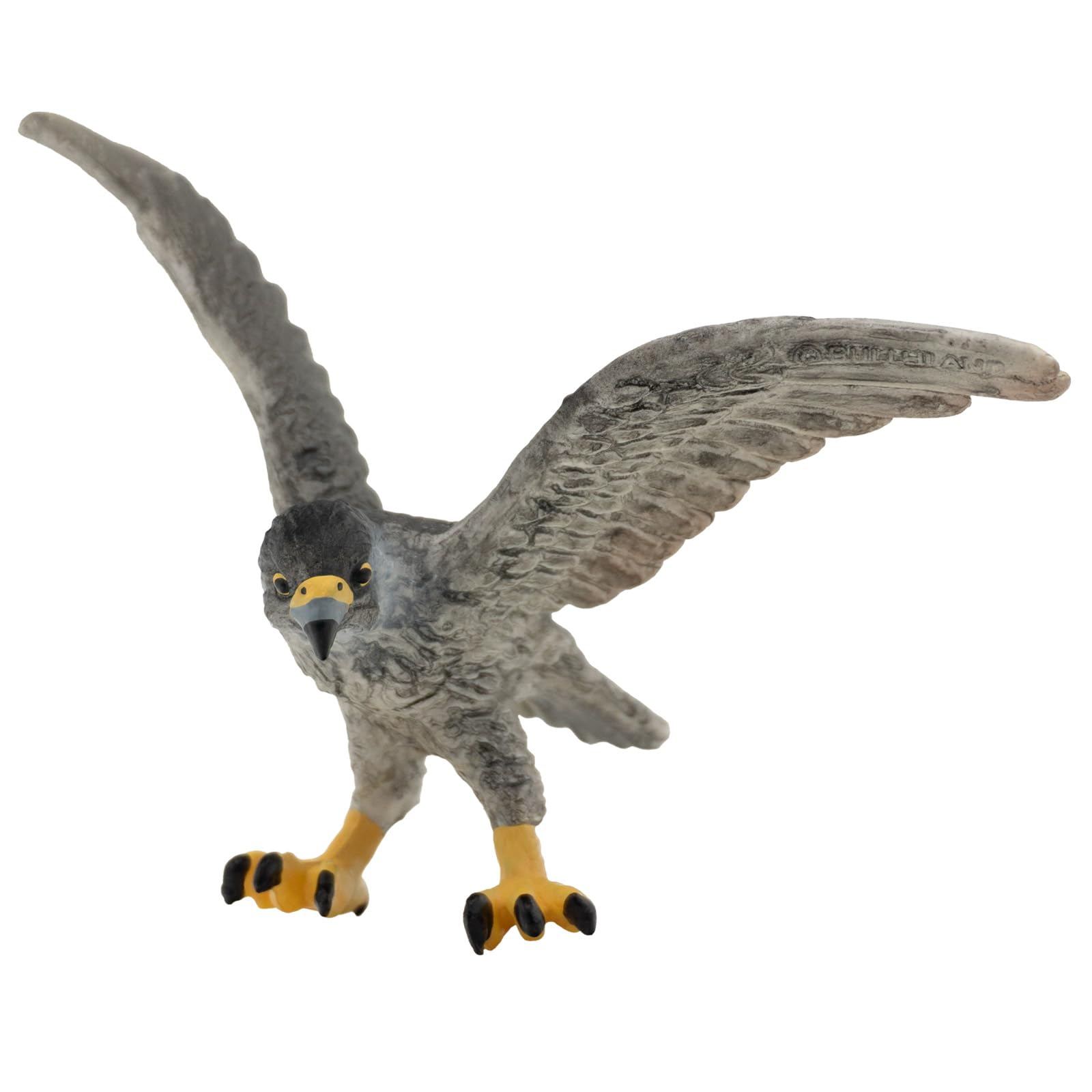 Eine graue Falke-Figur mit ausgebreiteten Flügeln und gelben Beinen.