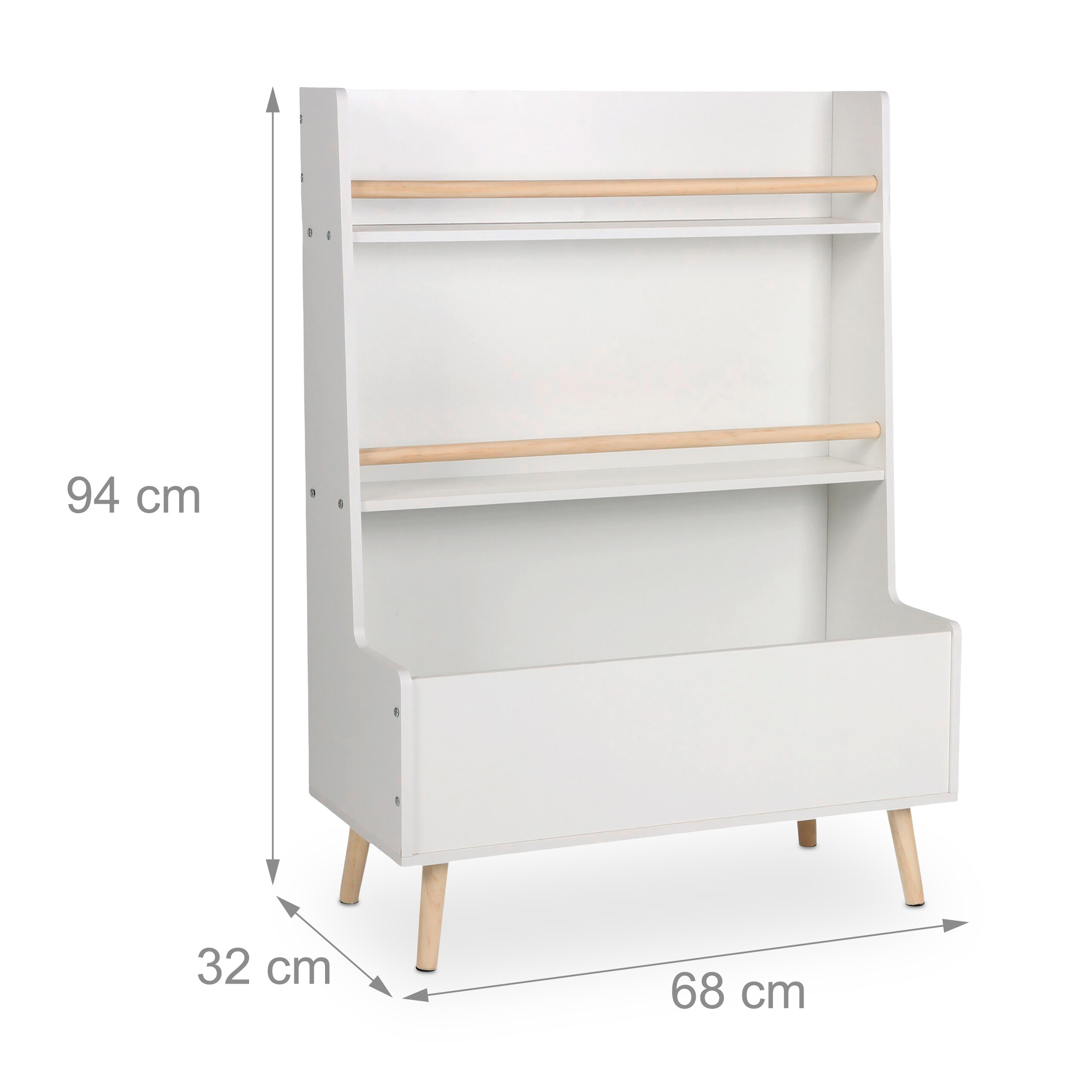 Weißes Kinderregal mit Holzakzenten, zwei Fächern und einer Box, 94x68x32 cm.