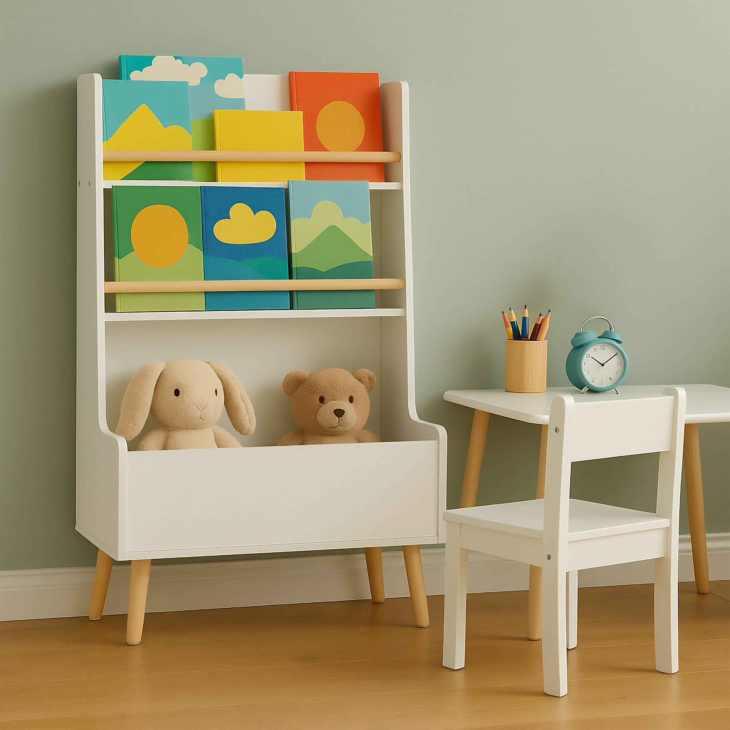 Ein weißes Bücherregal mit bunten Kinderbüchern und Plüschtieren steht neben einem Kindertisch mit Stuhl und Uhr.