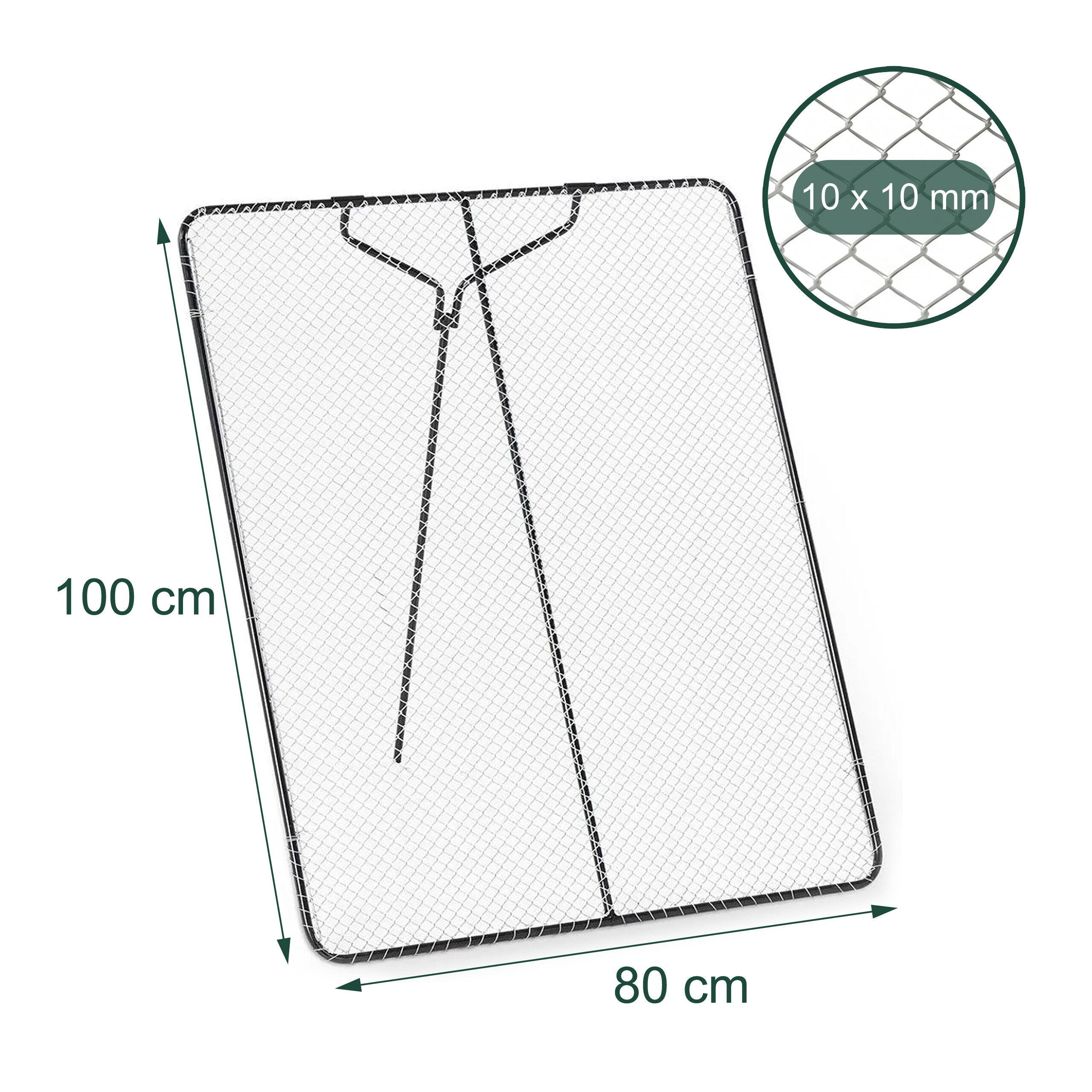 Rechteckiger Metallnetzrahmen 100x80 cm mit 10x10 mm Maschenweite und Griff.