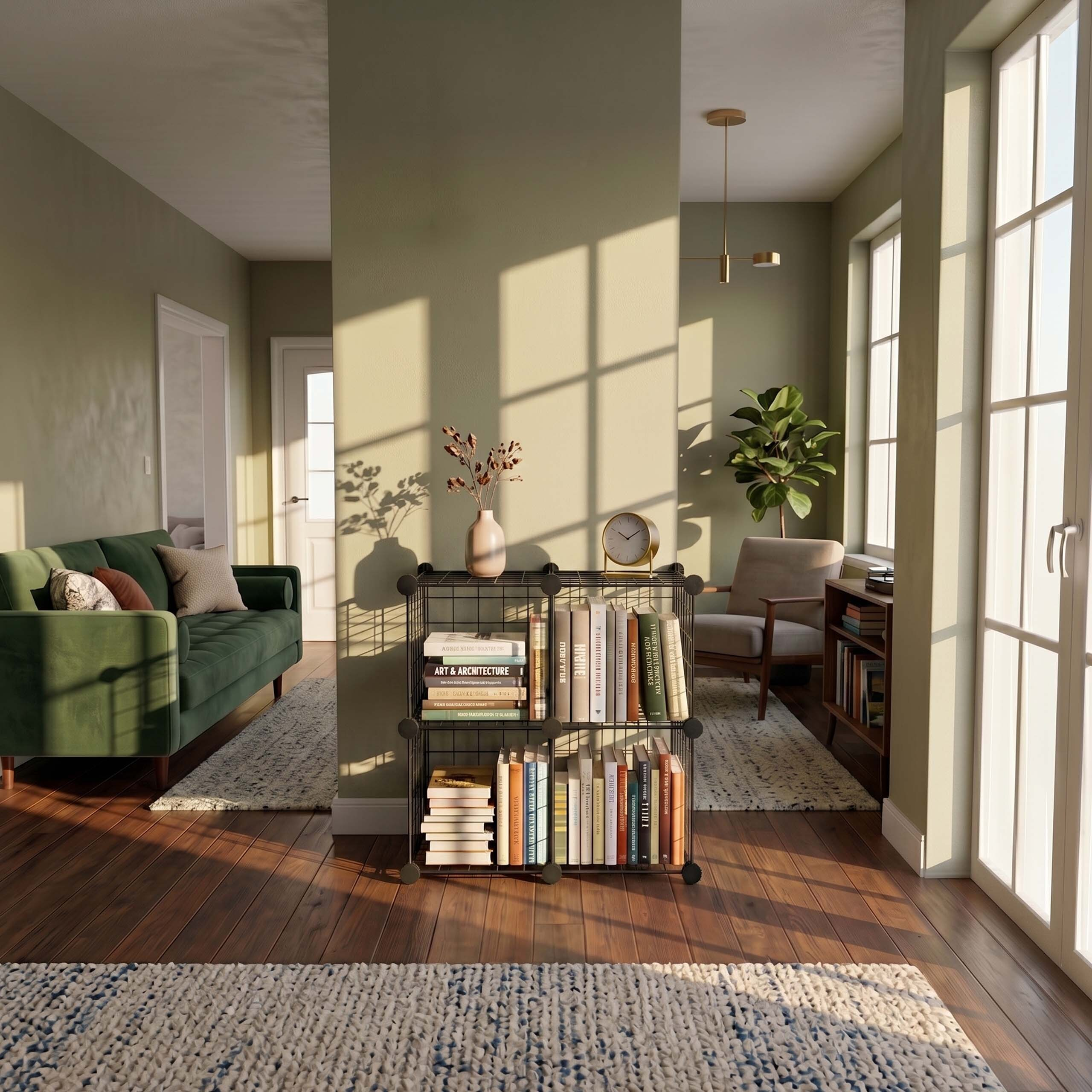Sonniges Wohnzimmer mit grünen Wänden, Holzboden, grünem Sofa, Bücherregal und Sesseln.
