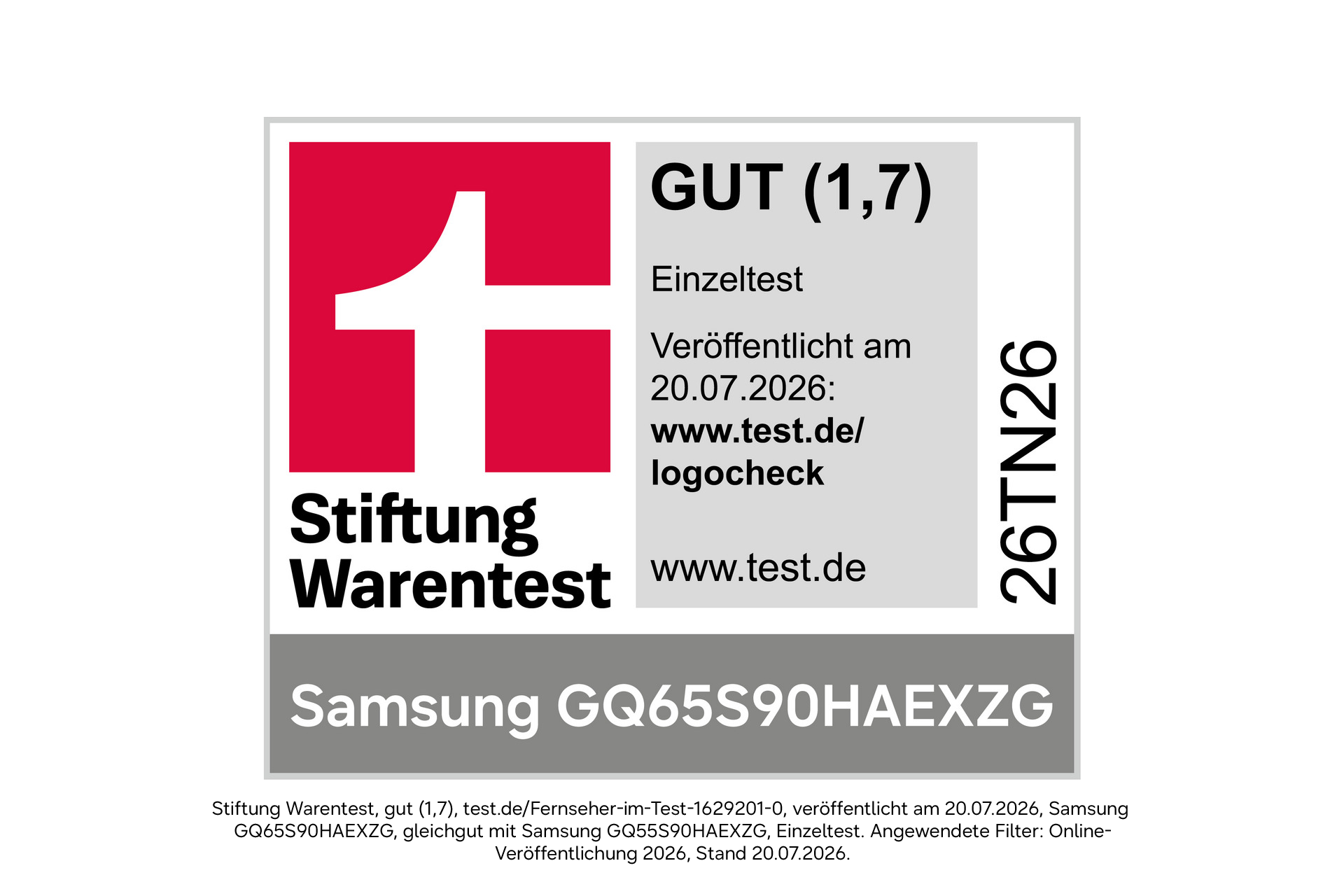 Marchio Stiftung Warentest BUONO (1,7) per Samsung GQ65S90HAEXZG.