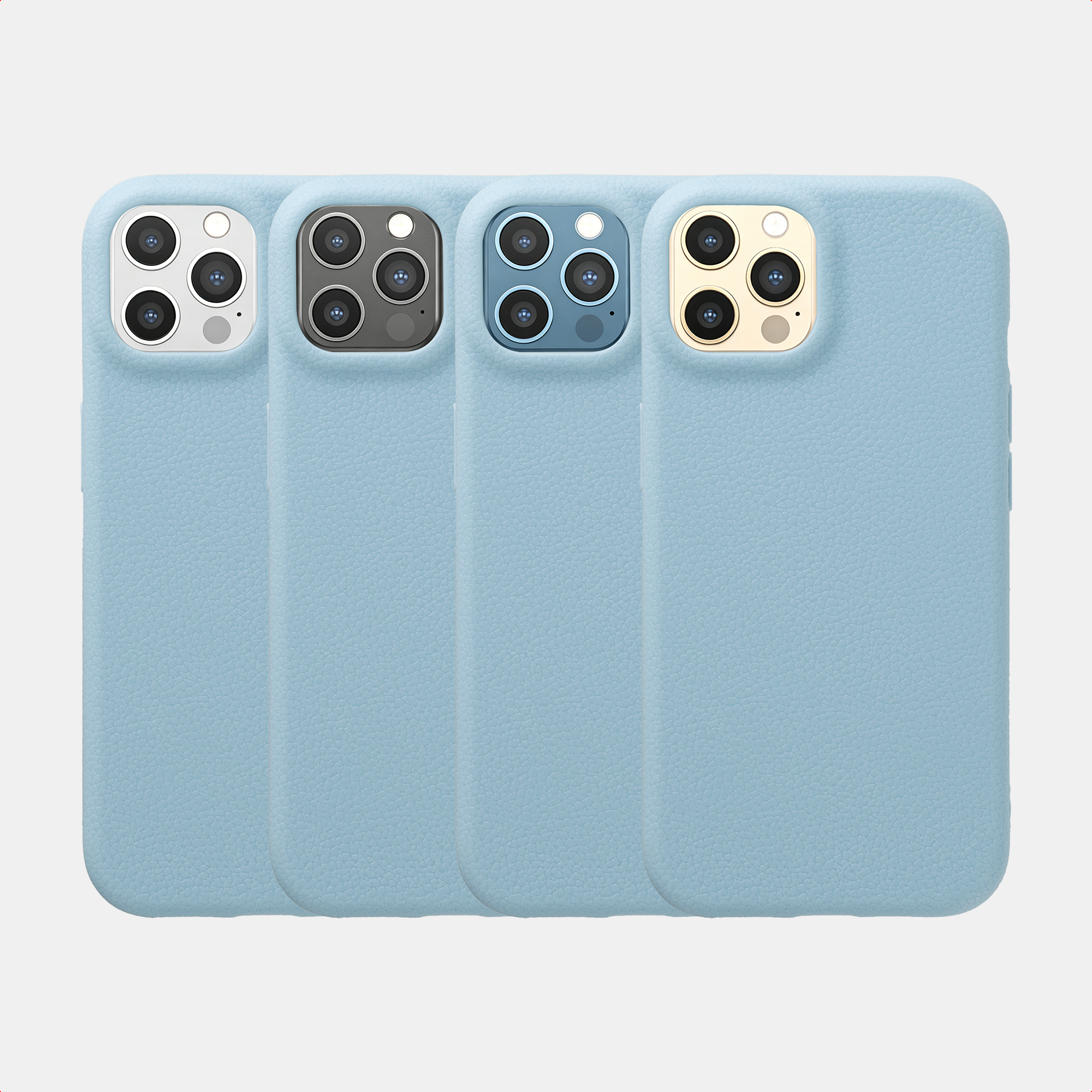 Vier hellblaue Smartphones in Ledertaschen mit unterschiedlichen Kamerarahmen-Farben.