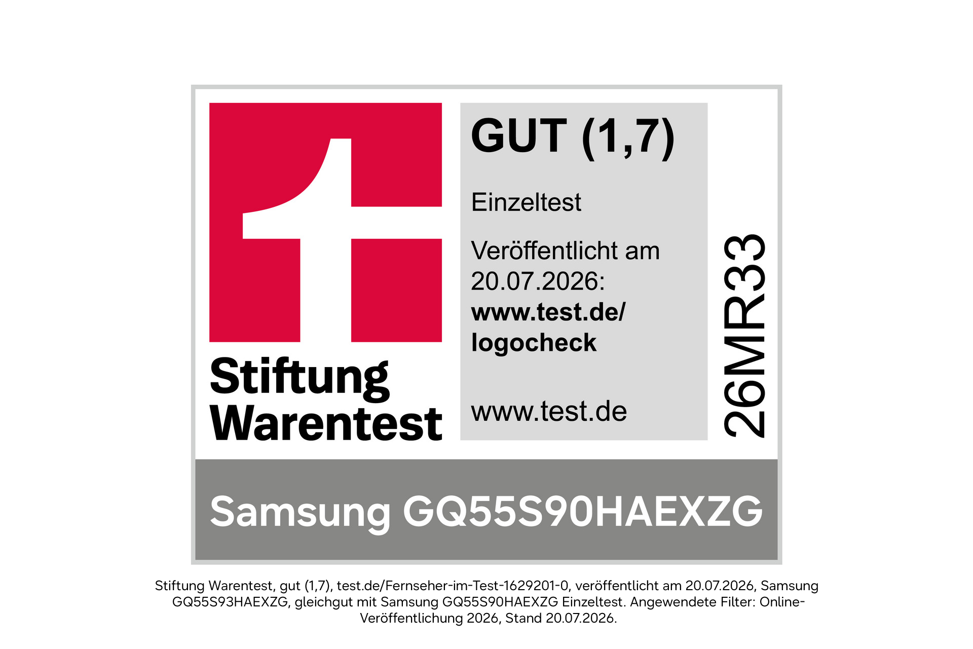Etichetta Stiftung Warentest con voto BUONO (1,7) per Samsung GQ55S90HAEXZG.