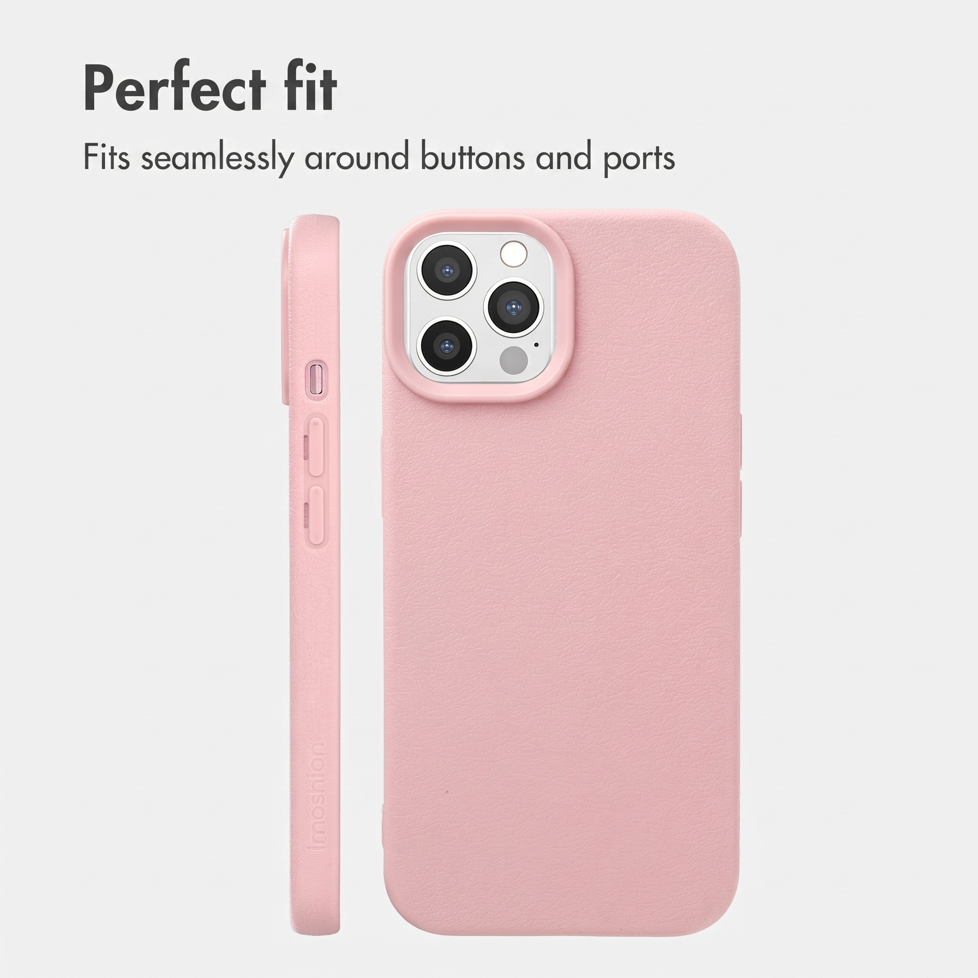 Rosa Smartphone-Hülle von hinten und der Seite, mit Text Perfect fit.