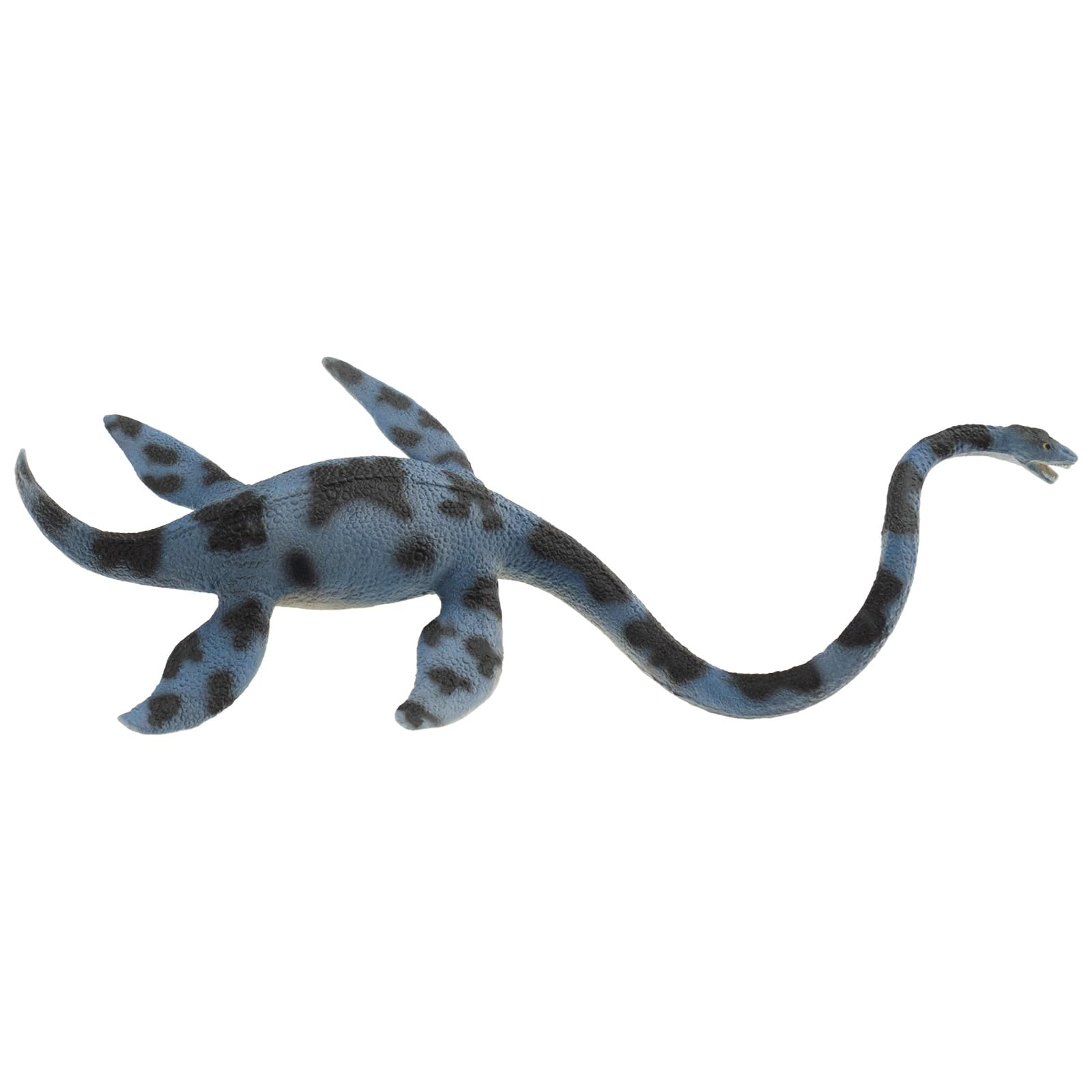 Blaue Plesiosaurus-Spielzeugfigur mit dunklen Flecken und langem Hals vor weißem Hintergrund.