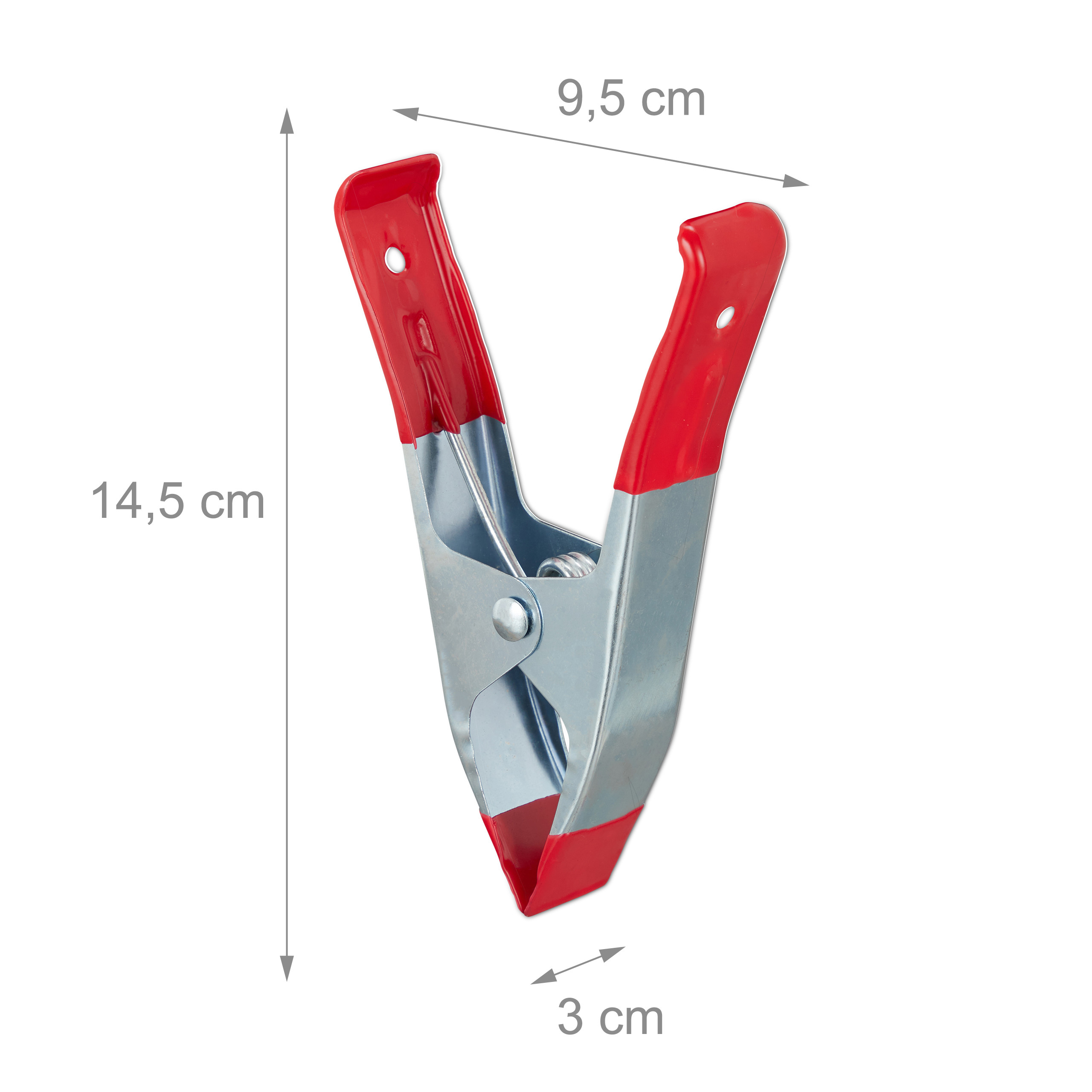 Rote und silberne Federklemme mit Maßen: 14,5 cm Höhe, 9,5 cm Breite, 3 cm Tiefe.